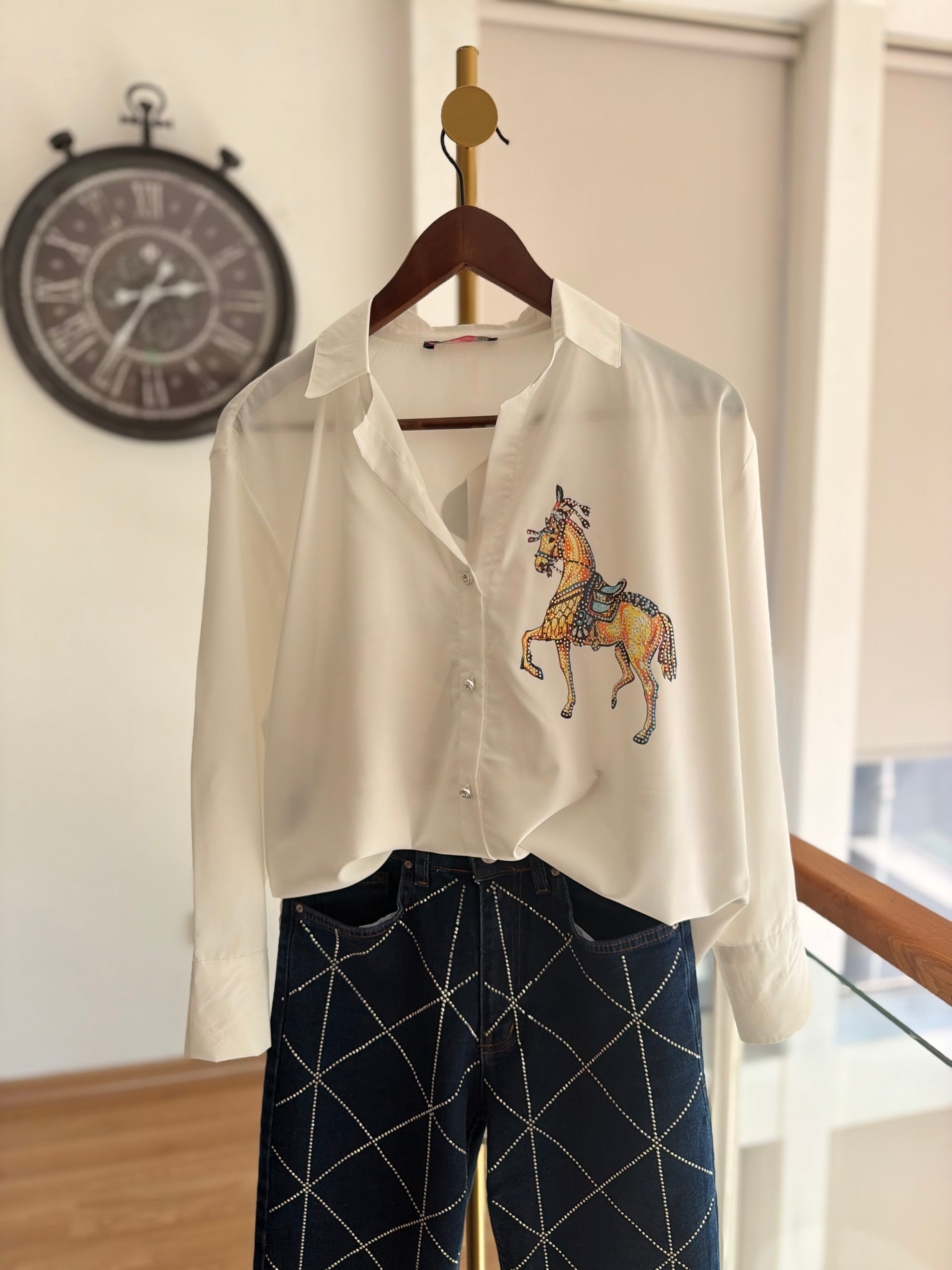 Taşlı Horse Tasarım İpek Saten Gömlek