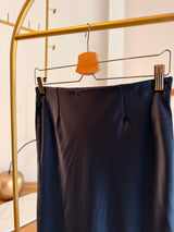 Saten Lacivert Midi Boy Dantel Detaylı Etek