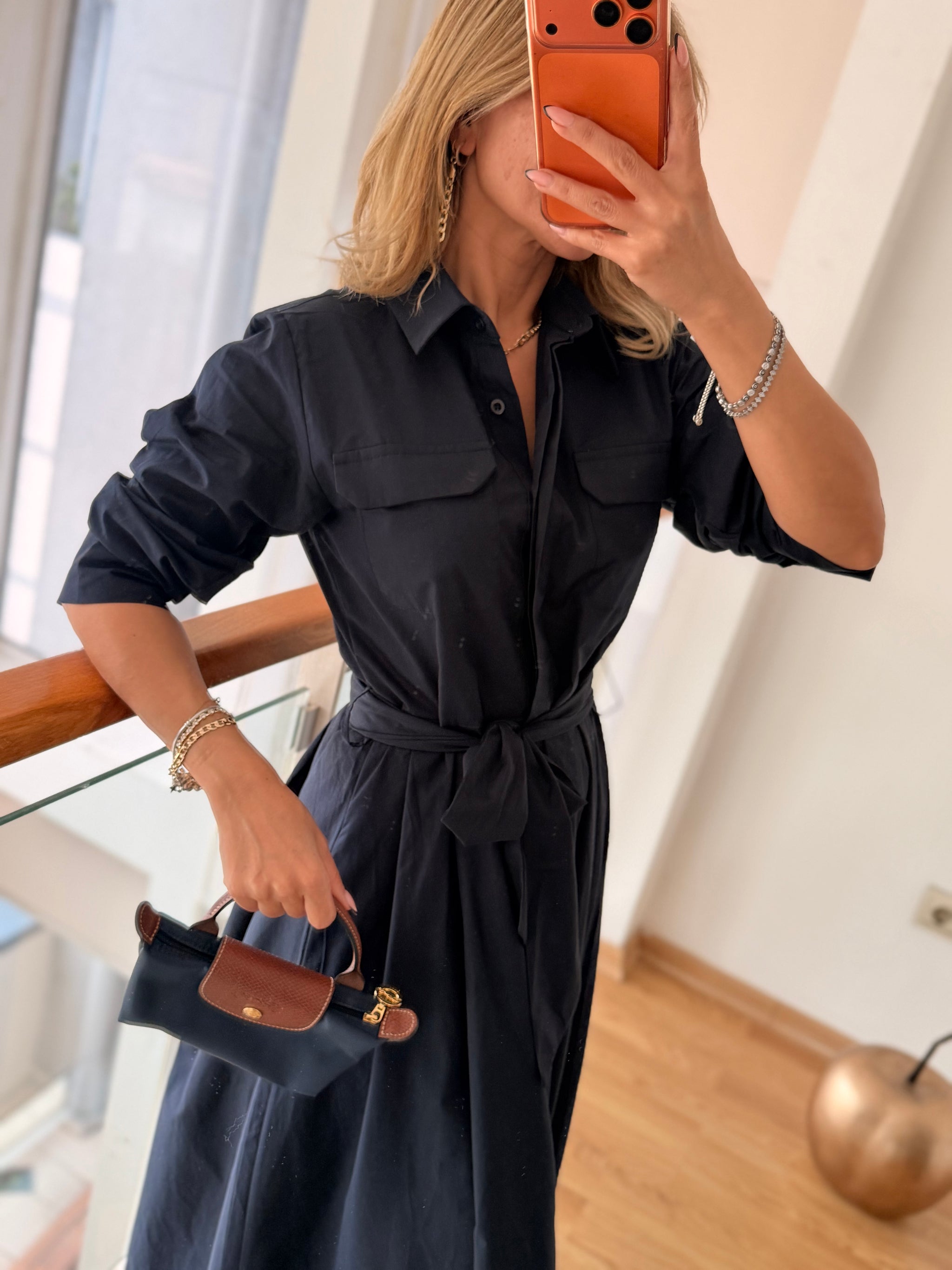 Lacivert Cepli Uzun Elbise