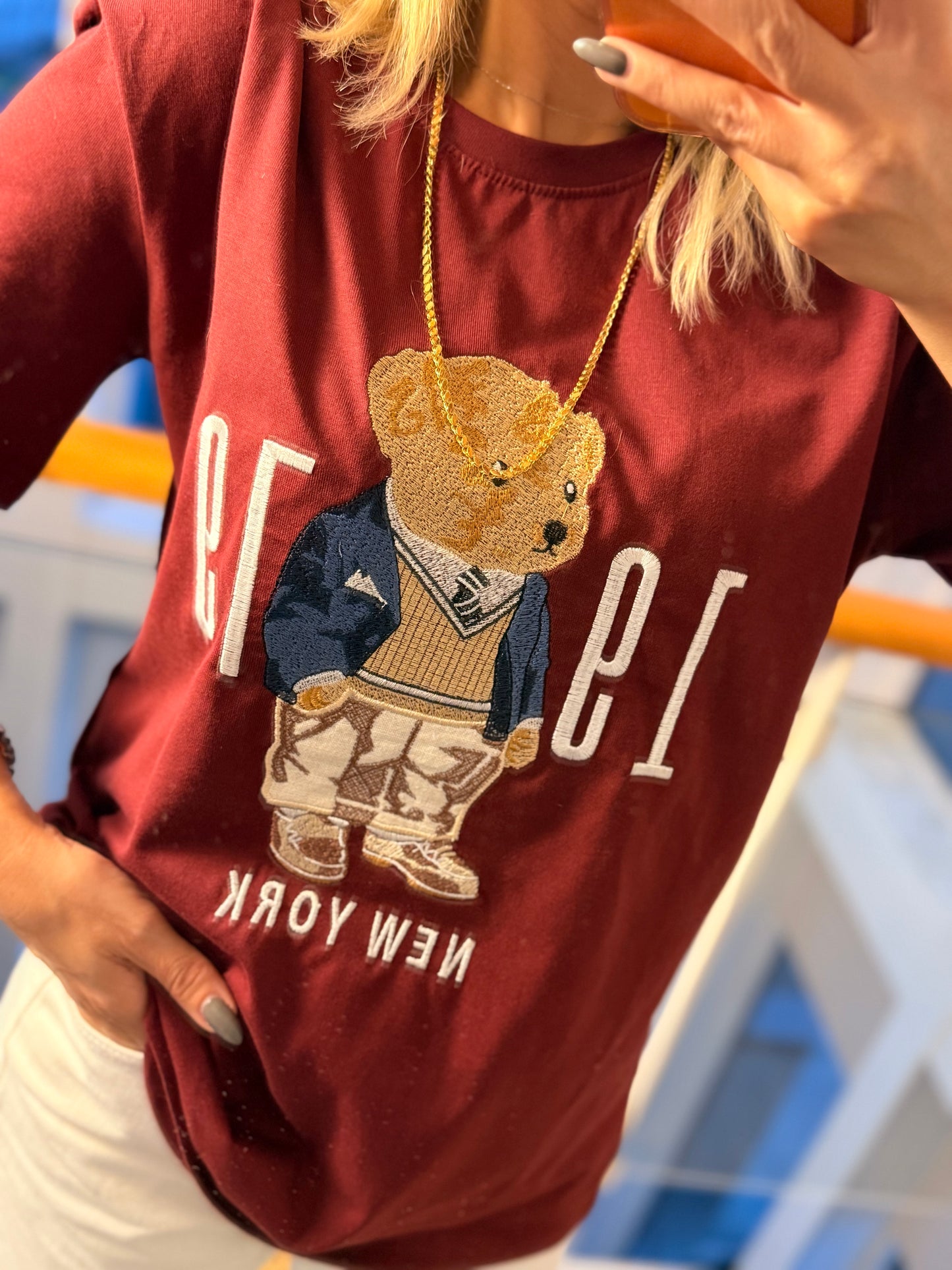 New York Bear İşlemeli Bordo Unisex T-shirt