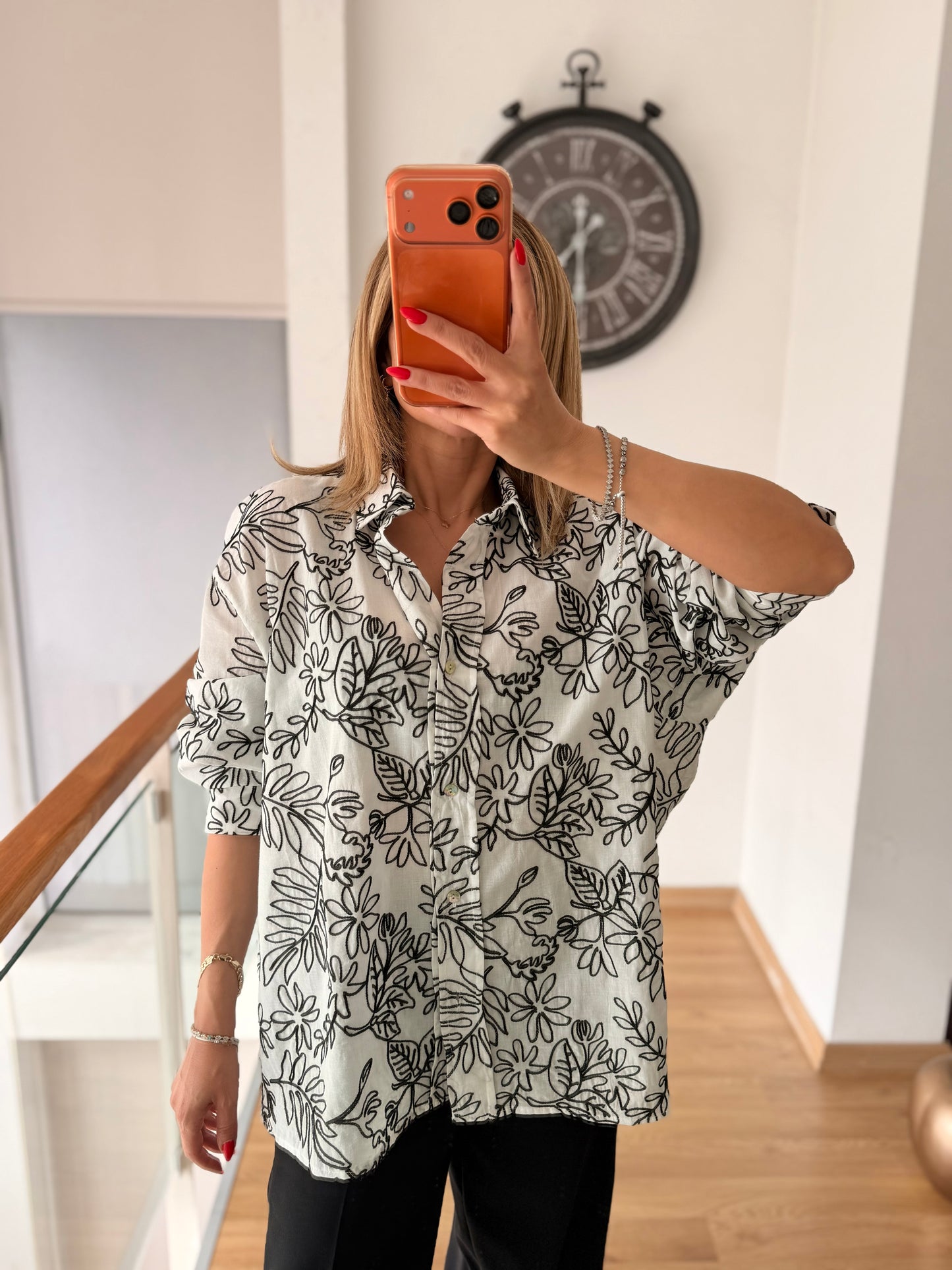 Nakışlı Keten Oversize Gömlek