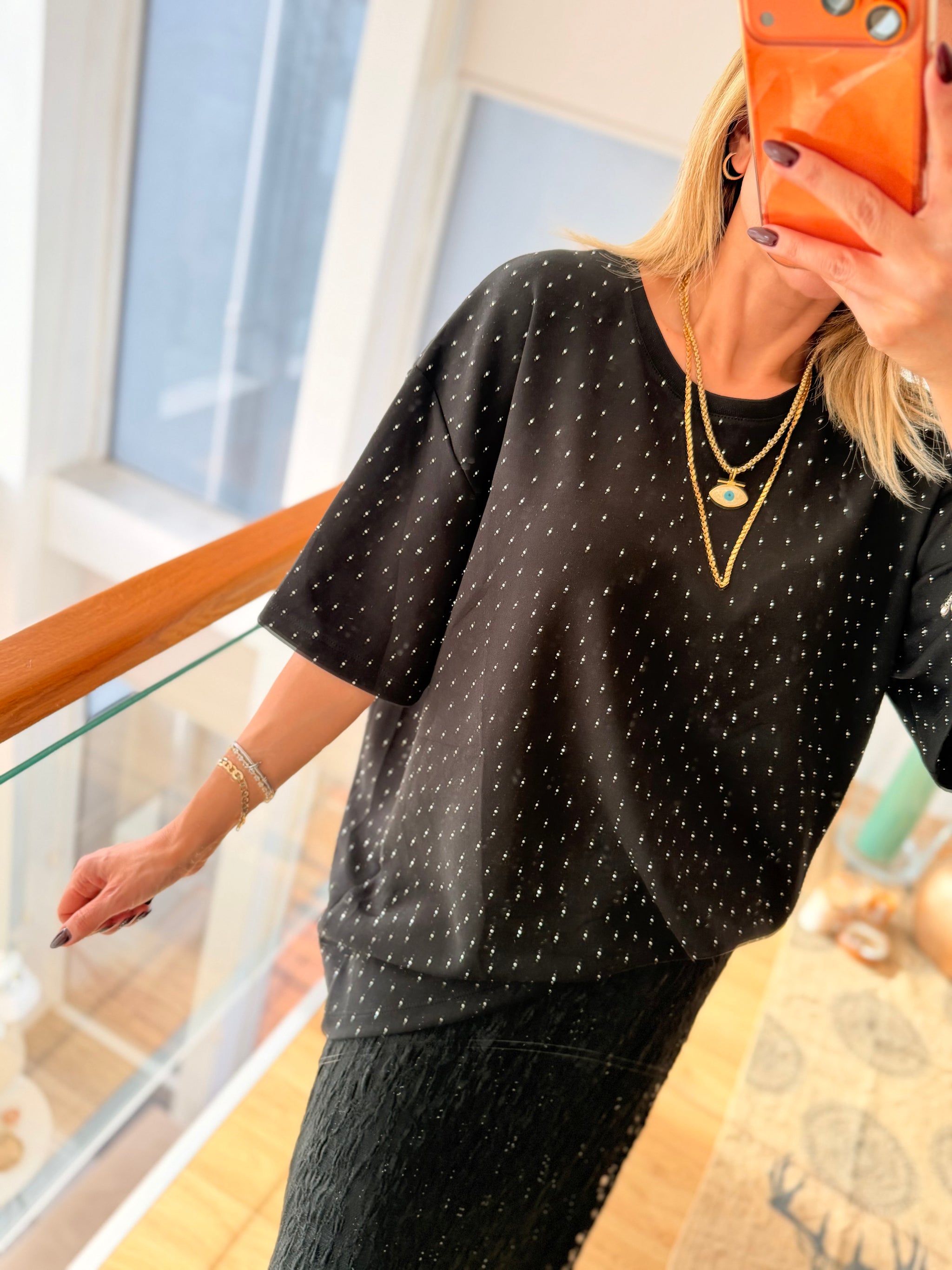 Taşlı Oversize Siyah %100 Cotton Tshirt