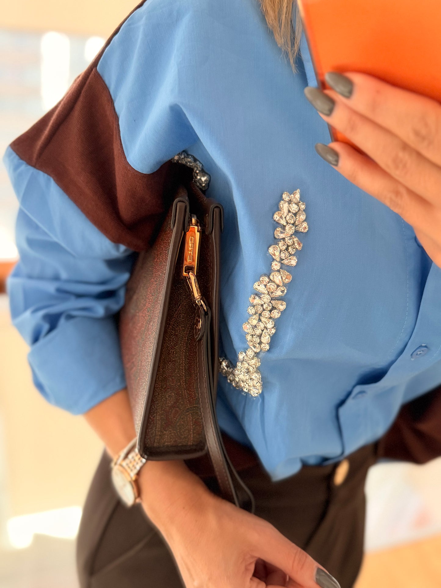 Taş Detaylı Premium Gömlek&Triko Mavi&Kahve