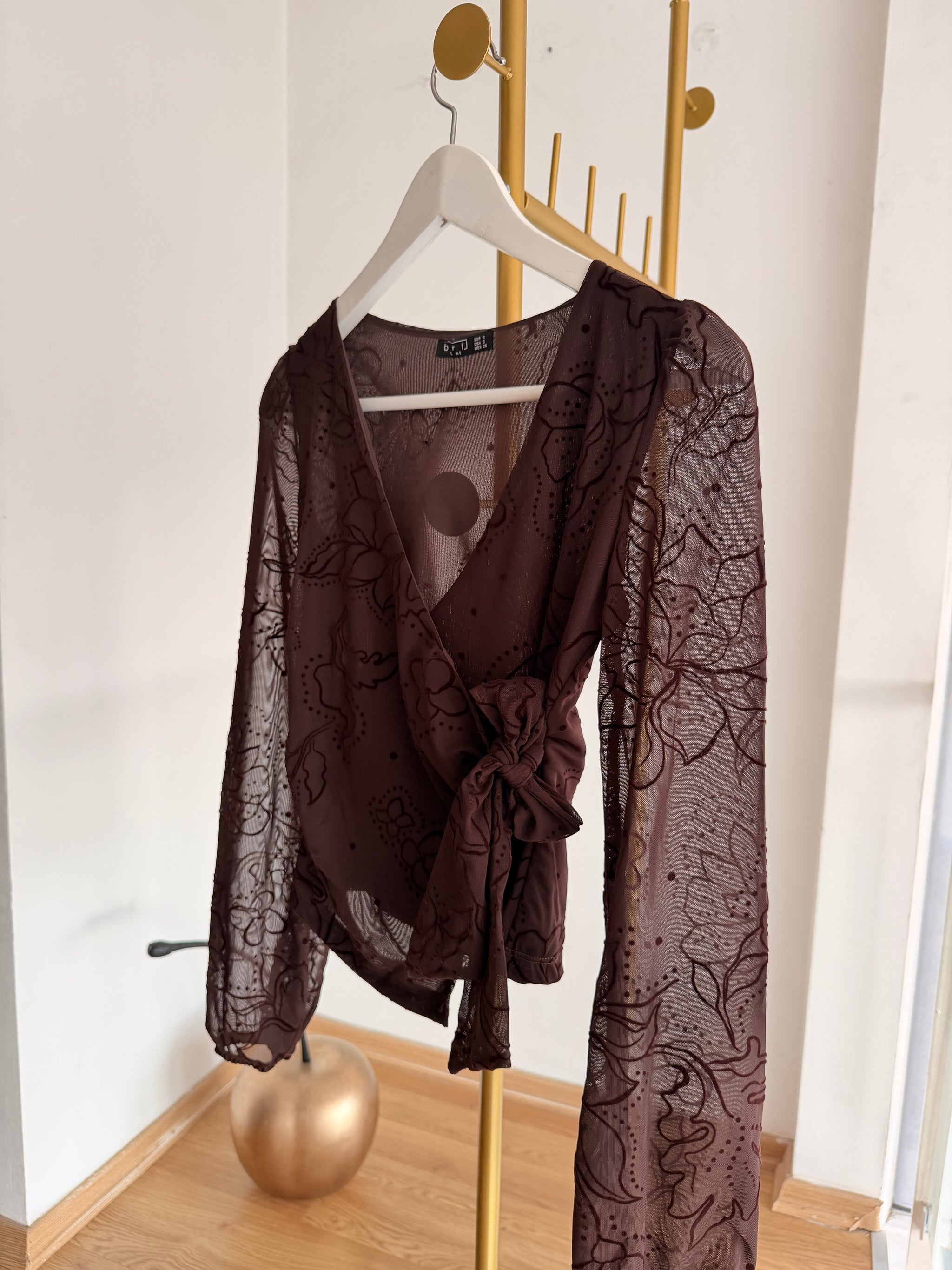 Kruvaze Yaka Bağlamalı Acı Kahve Şifon Bluz