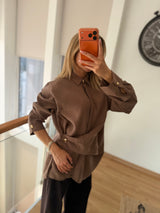 Gold Detaylı Premium Pamuklu Tencel Pastel Kahve Gömlek