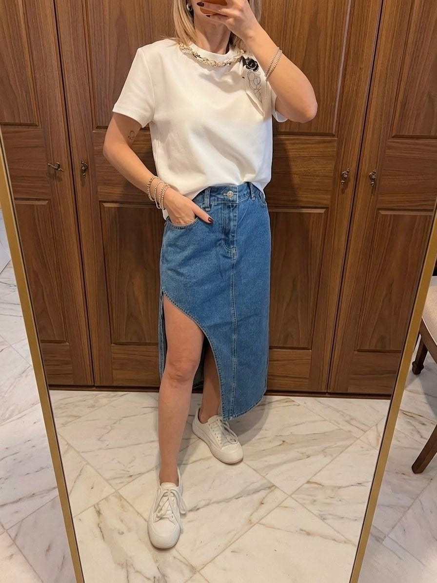 Yan Yırtmaçlı Jean Uzun Etek