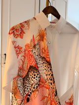 Floral Tigers Tasarım Beyaz Saten Gömlek
