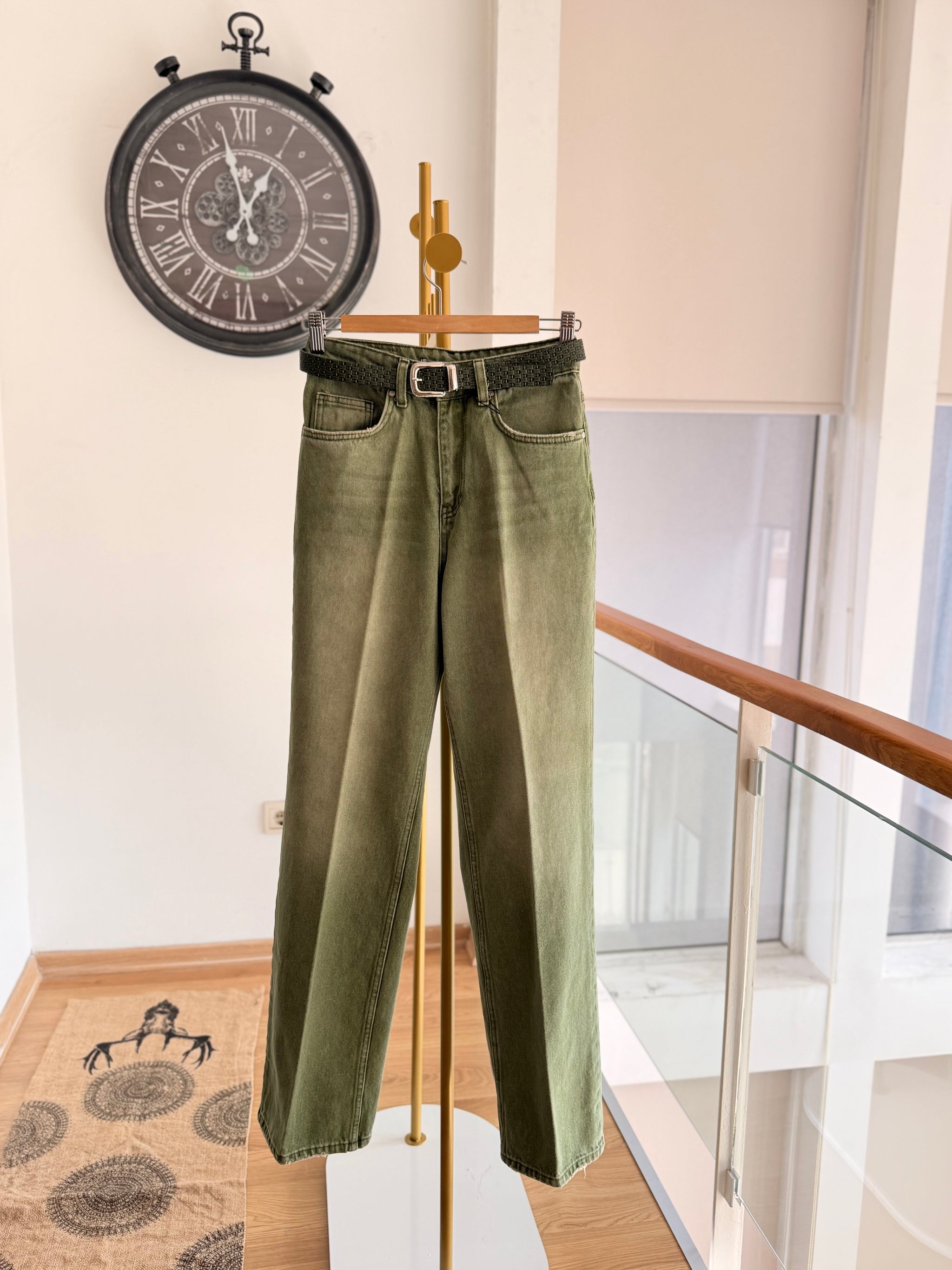 Kemerli Premium Yağ Yeşili Jean Pantolon