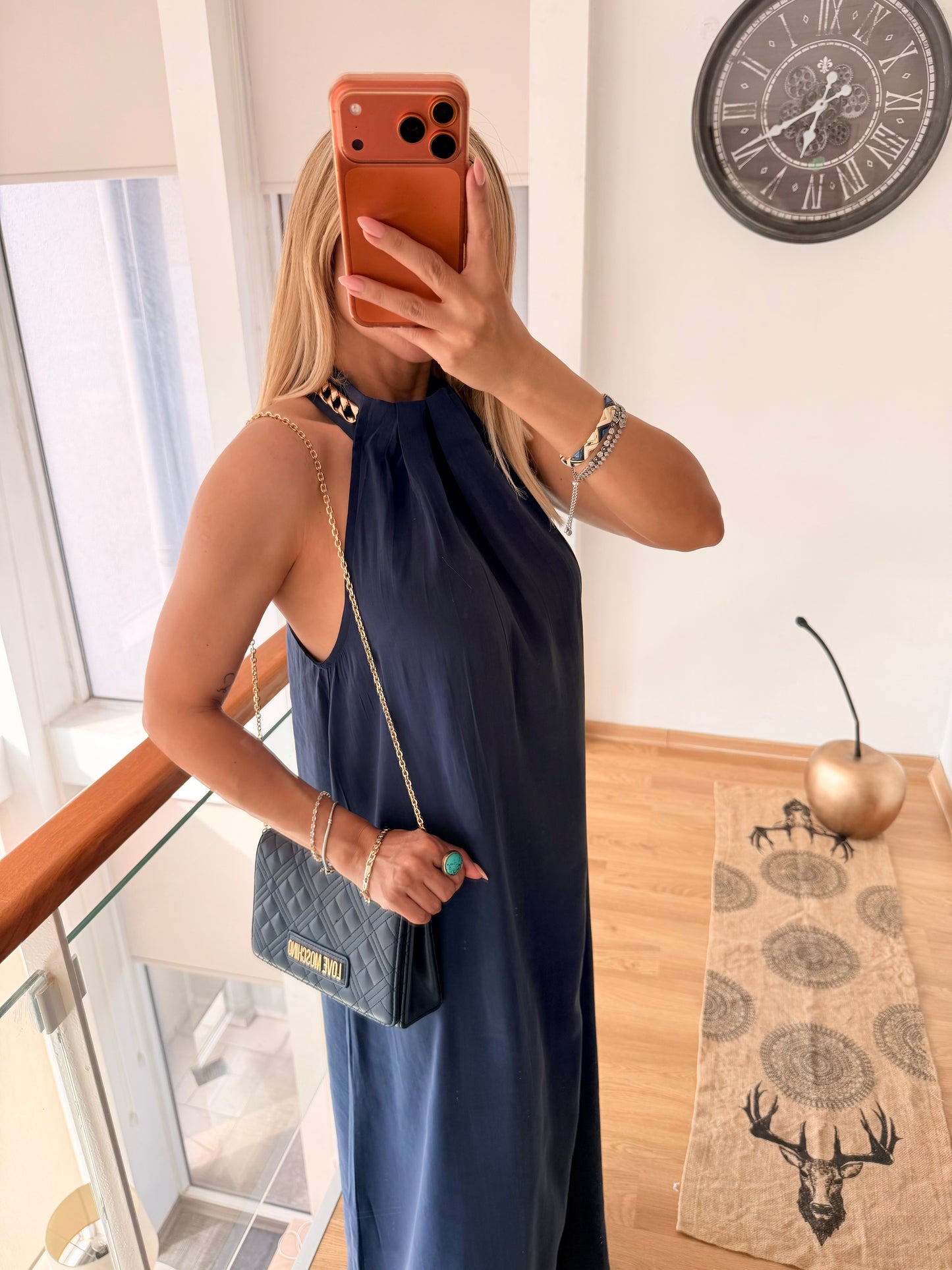 Lacivert Gold Yaka Detaylı Uzun Elbise