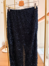 Payetli Uzun Yırtmaçlı Dar Lacivert Etek