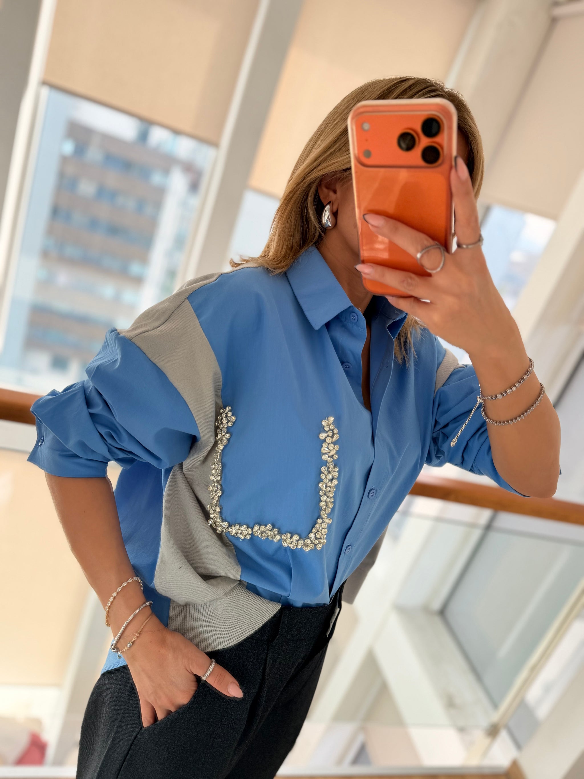 Taş Detaylı Premium Gömlek&Triko Mavi&Gri