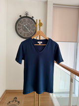 Basic V Yaka %100 Pamuk Lacivert Tshirt