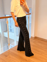 Zımba Detaylı İspanyol Paça Siyah Pantolon Tayt