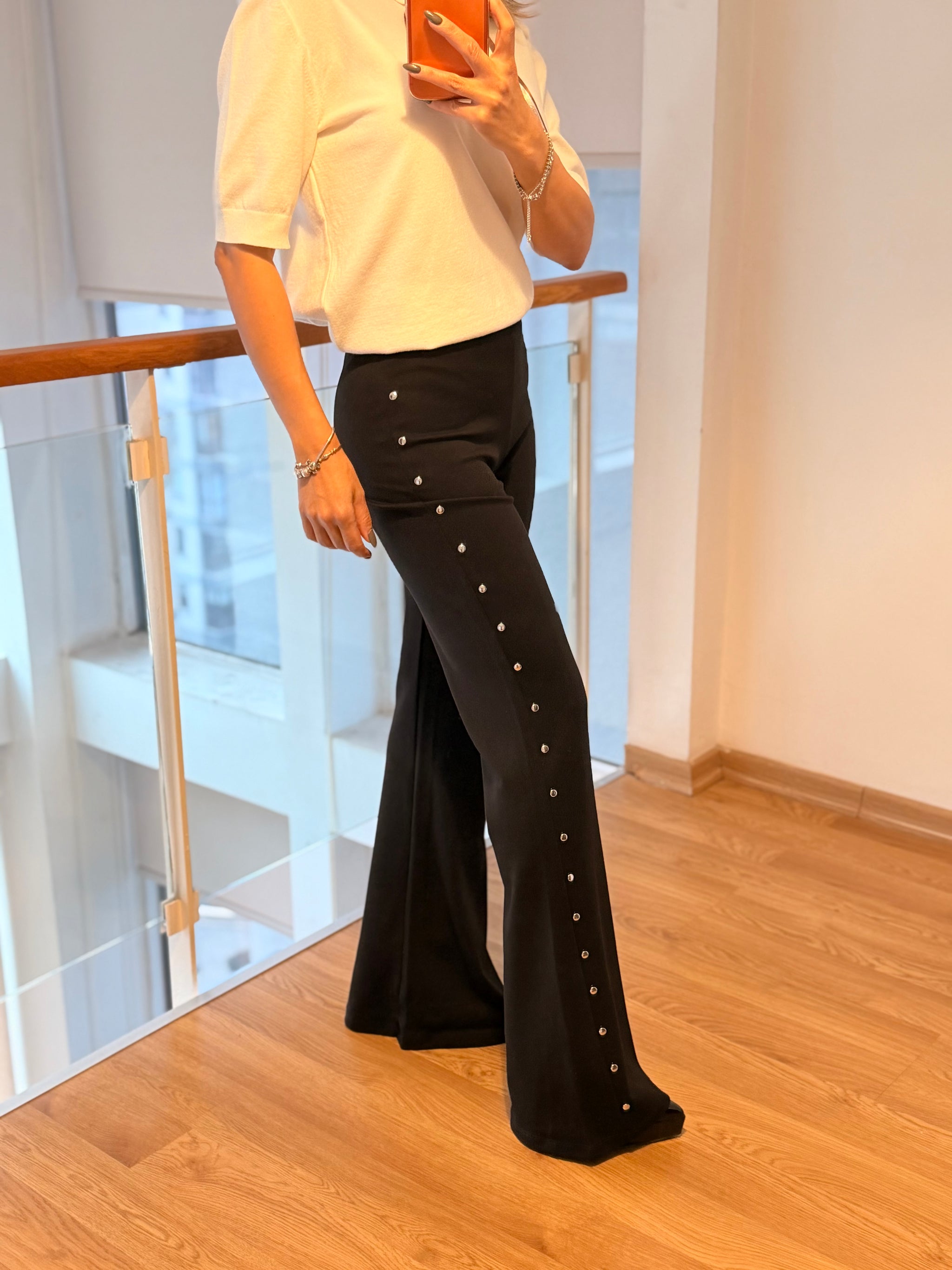 Zımba Detaylı İspanyol Paça Siyah Pantolon Tayt