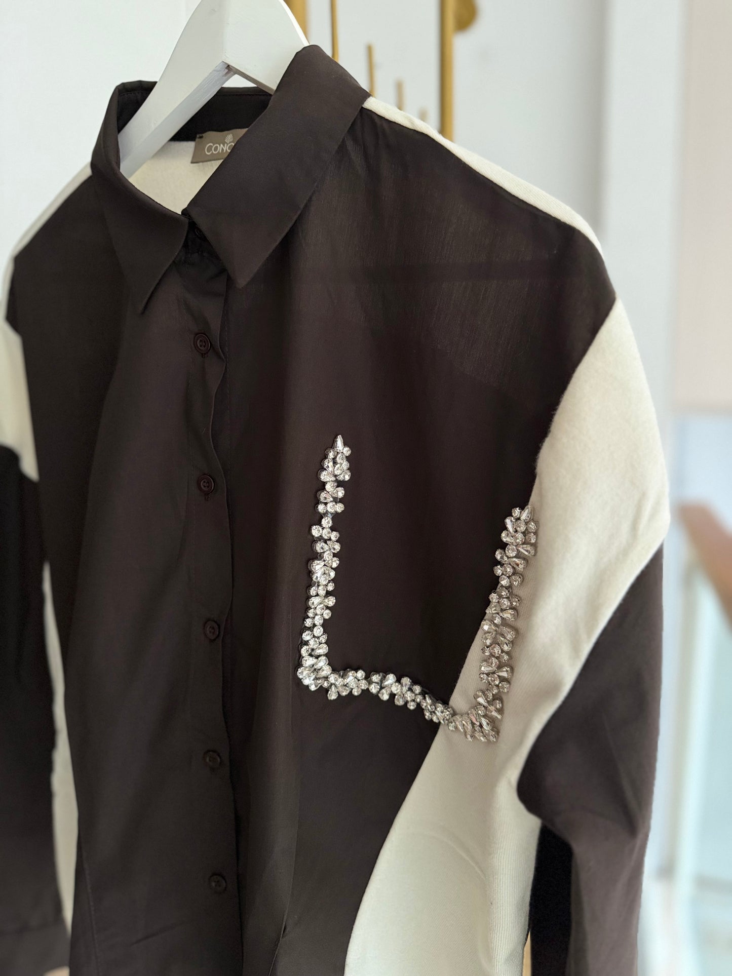 Taş Detaylı Premium Gömlek&Triko Ekru&Kahve