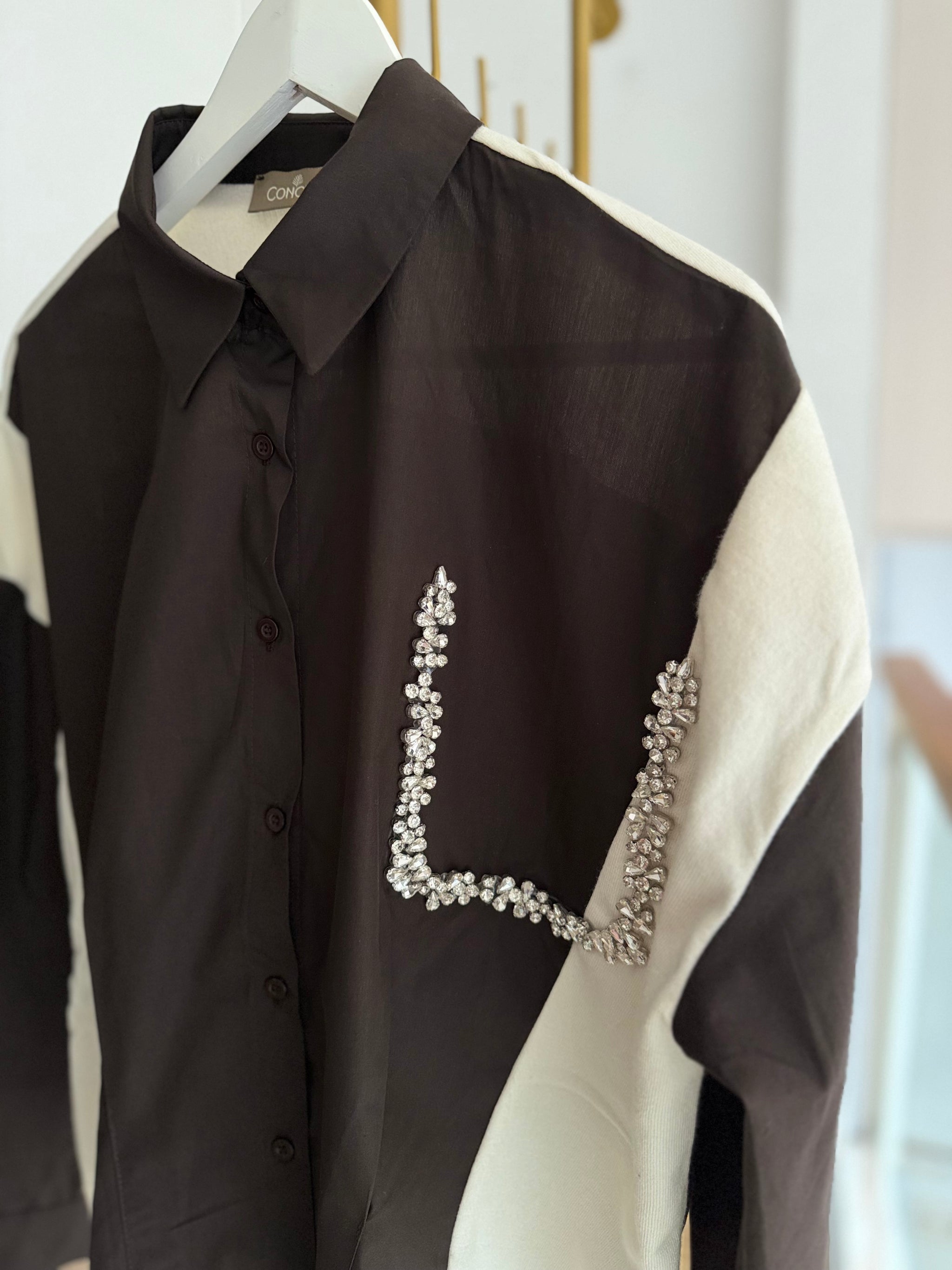 Taş Detaylı Premium Gömlek&Triko Ekru&Kahve