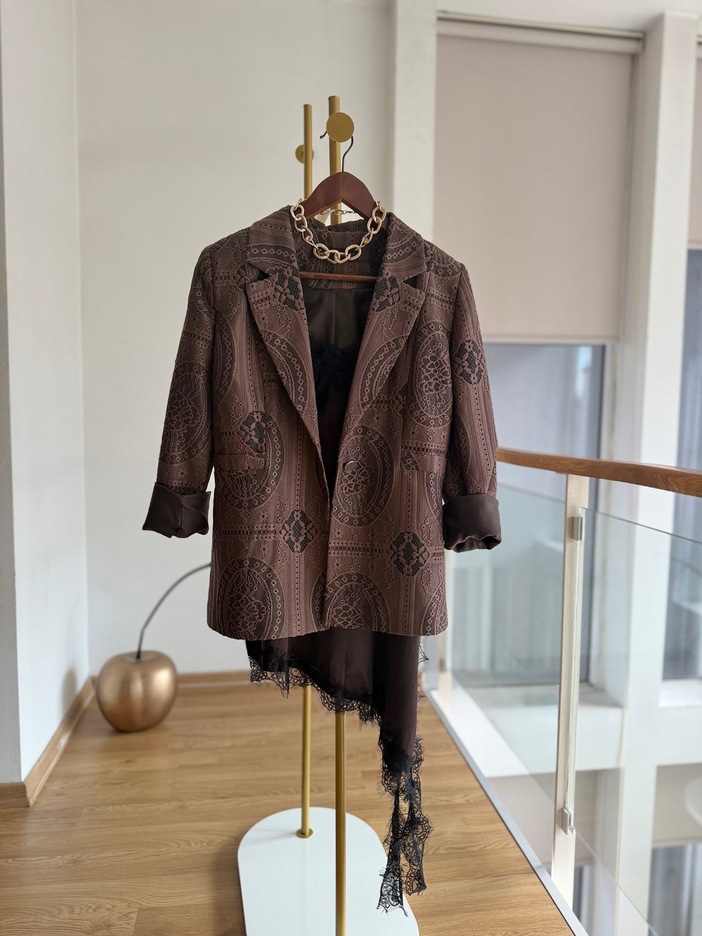 Dantel Detaylı Tasarım Acı Kahve Blazer Ceket