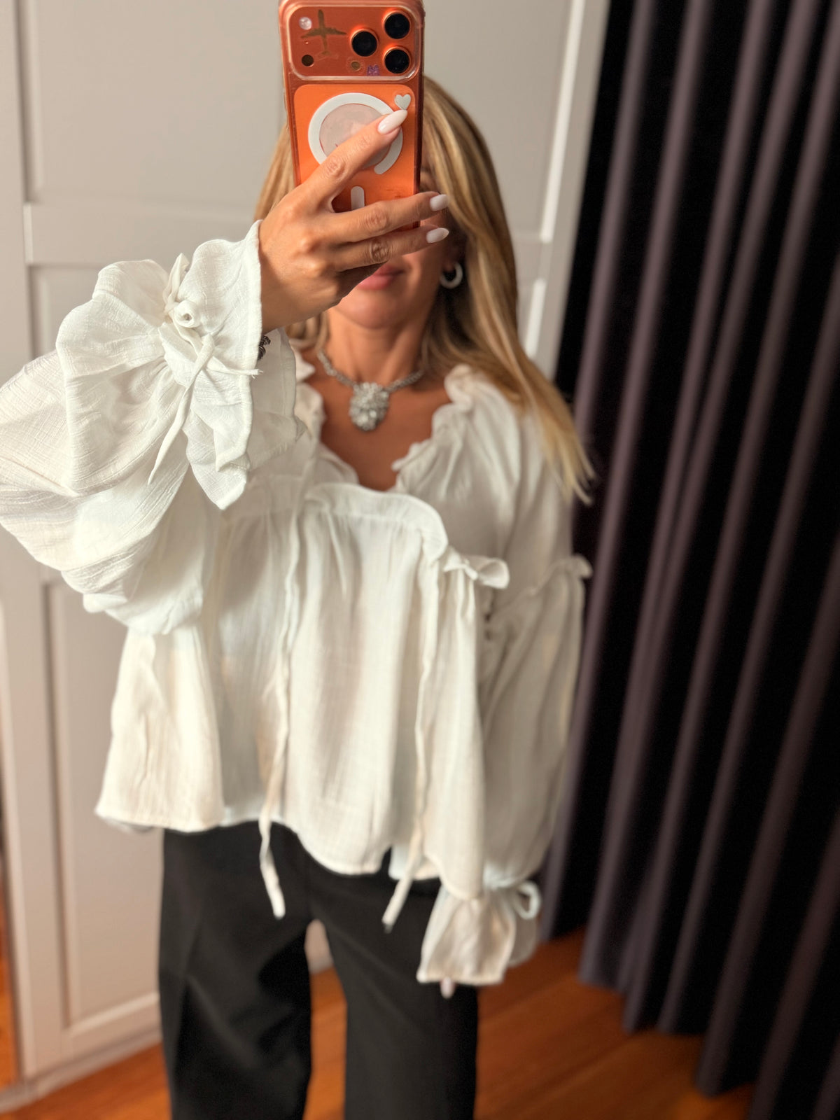 Beyaz Keten Bol Kol Bluz