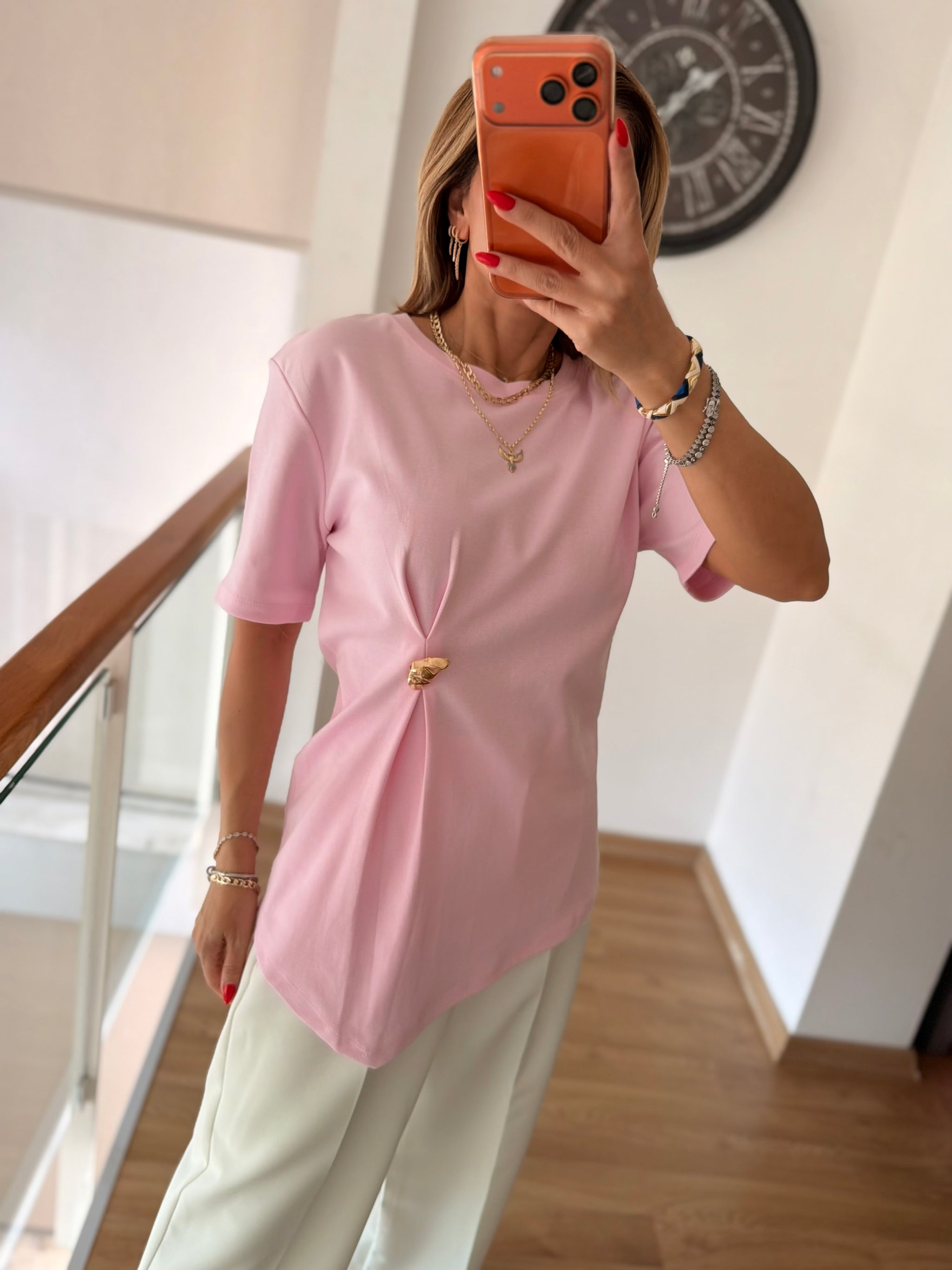 Pembe %100 Pamuk Gold Tokalı Tshirt