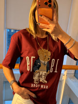 New York Bear İşlemeli Bordo Unisex T-shirt