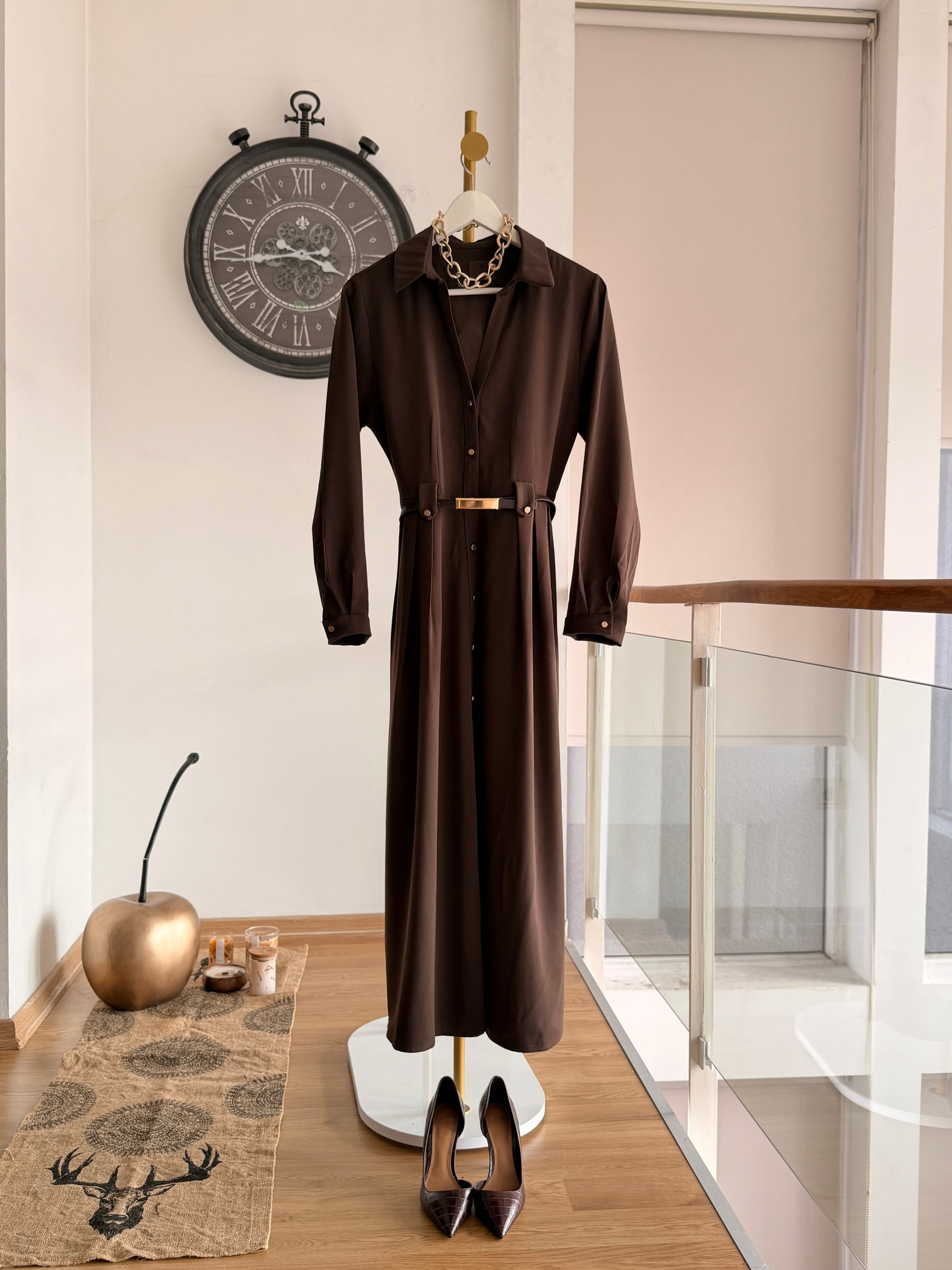 Lueur Concept Kemerli Uzun Elbise Acı Kahve