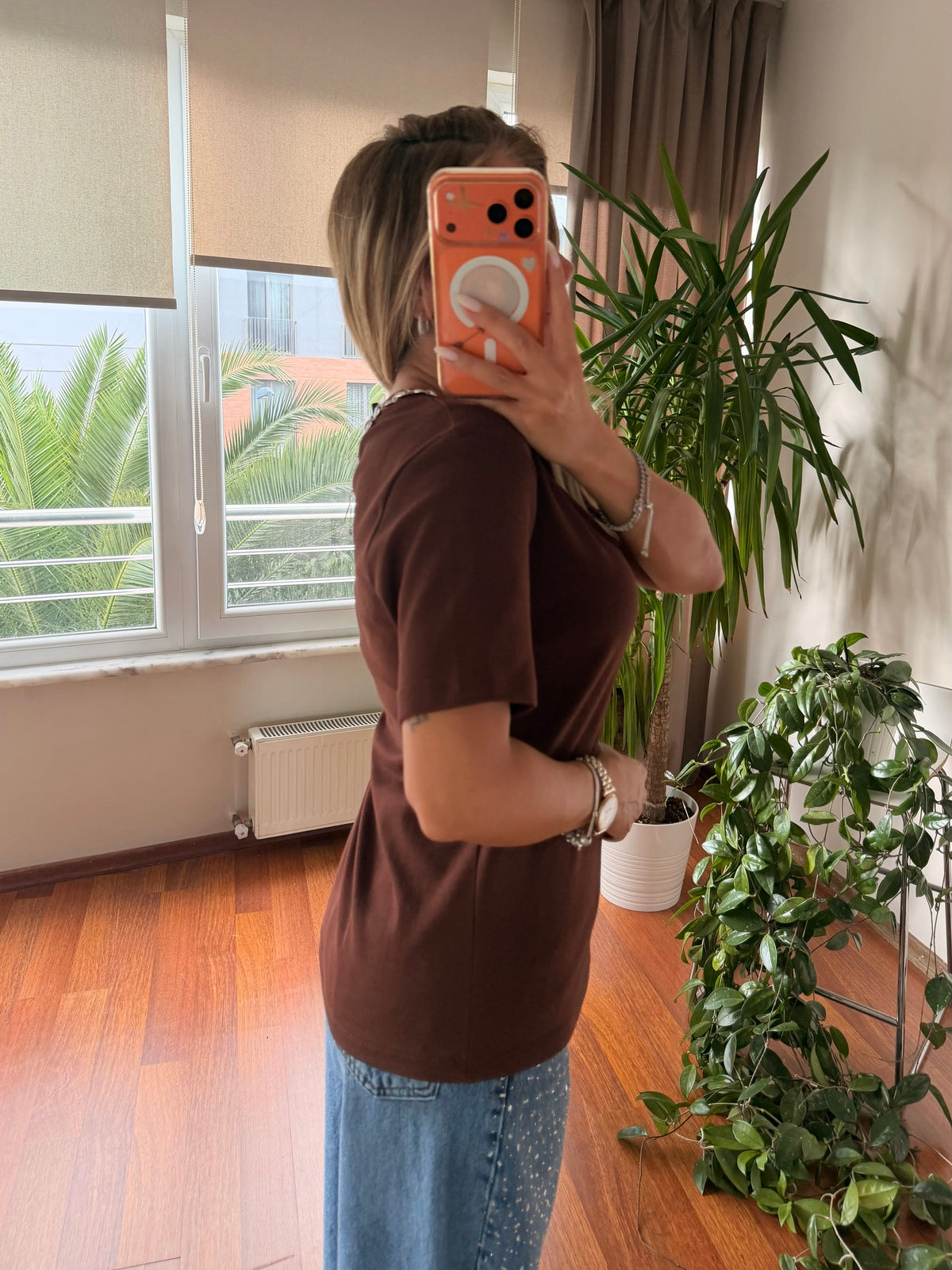 Basic Bisiklet Yaka %100 Pamuk Acı Kahve Tshirt