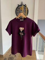 Kürklü Cool Bear Pastel Mürdüm Tshirt