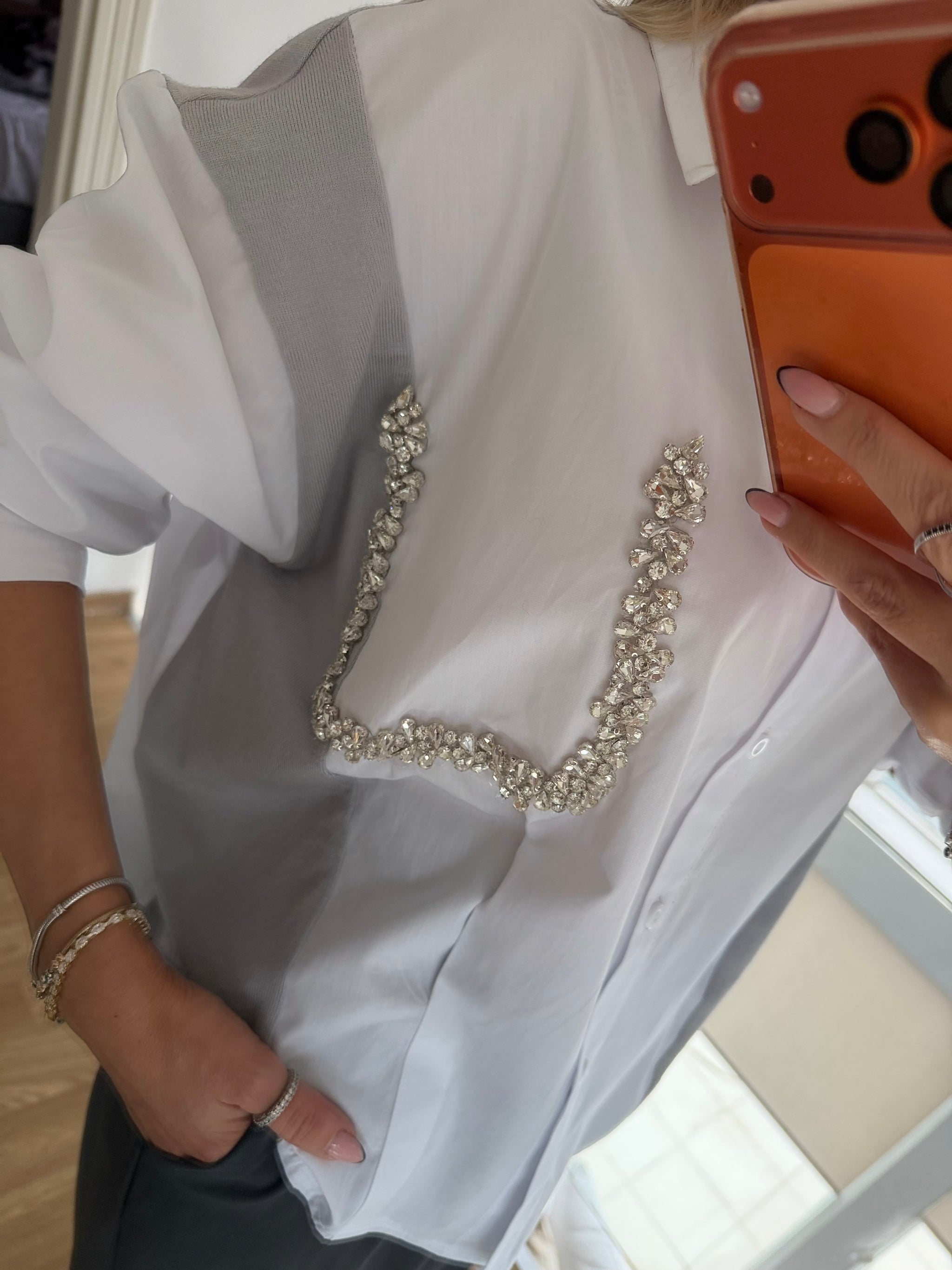 Taş Detaylı Premium Gömlek&Triko Beyaz&Gri