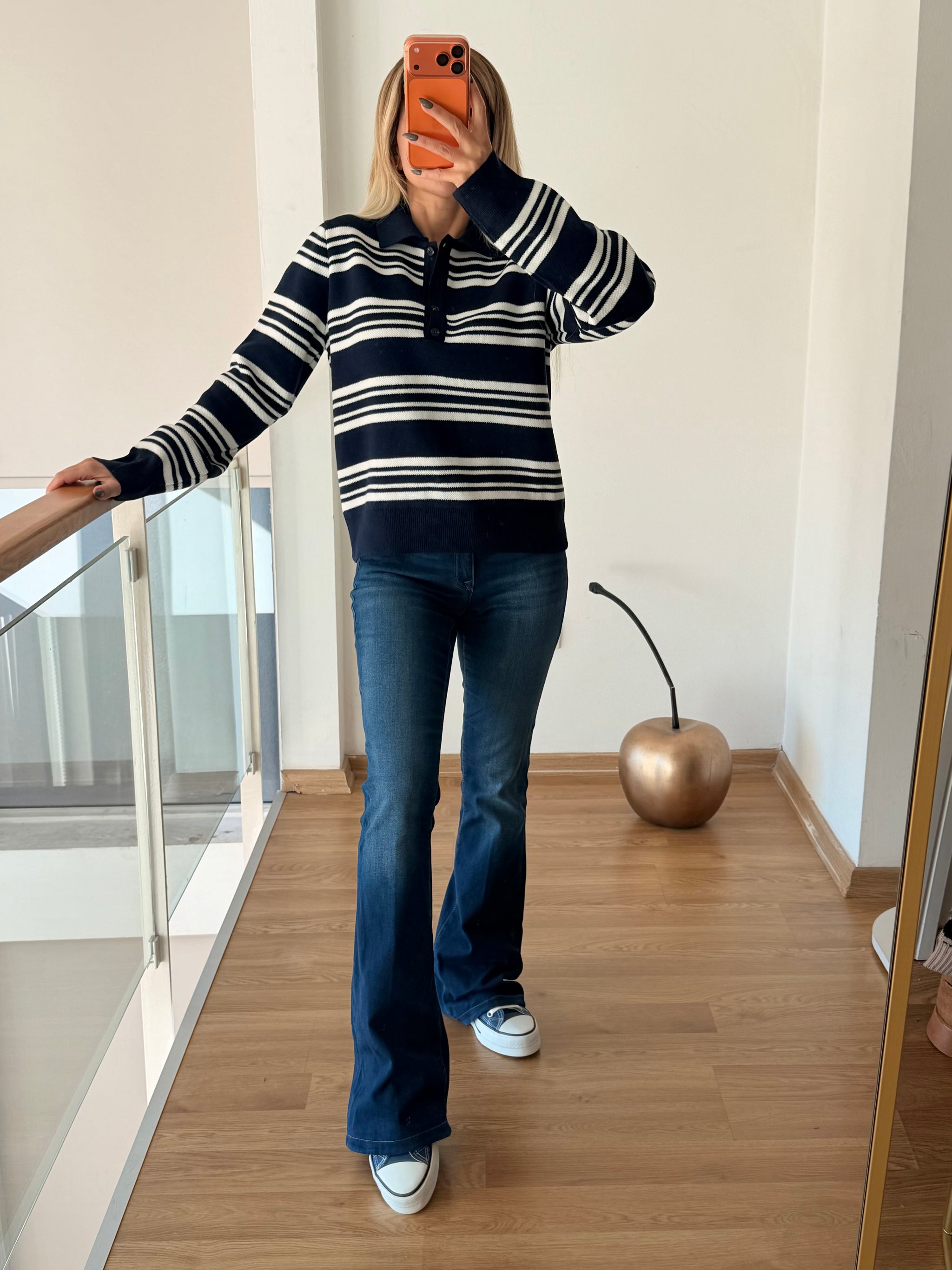 Lacivert Çizgili Kadın Triko Kazak