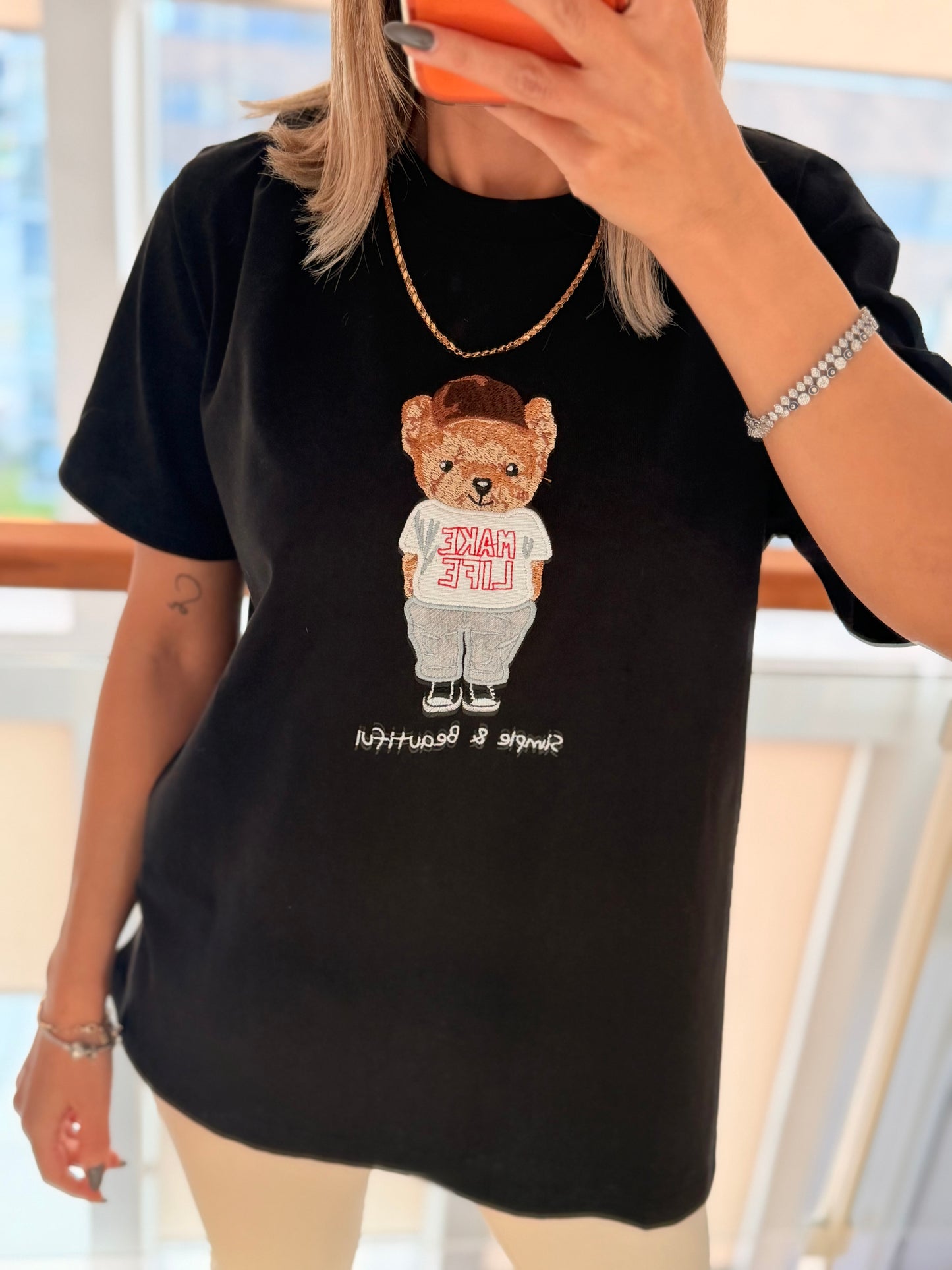 Make Life Bear İşlemeli Siyah Unisex Basic T-shirt