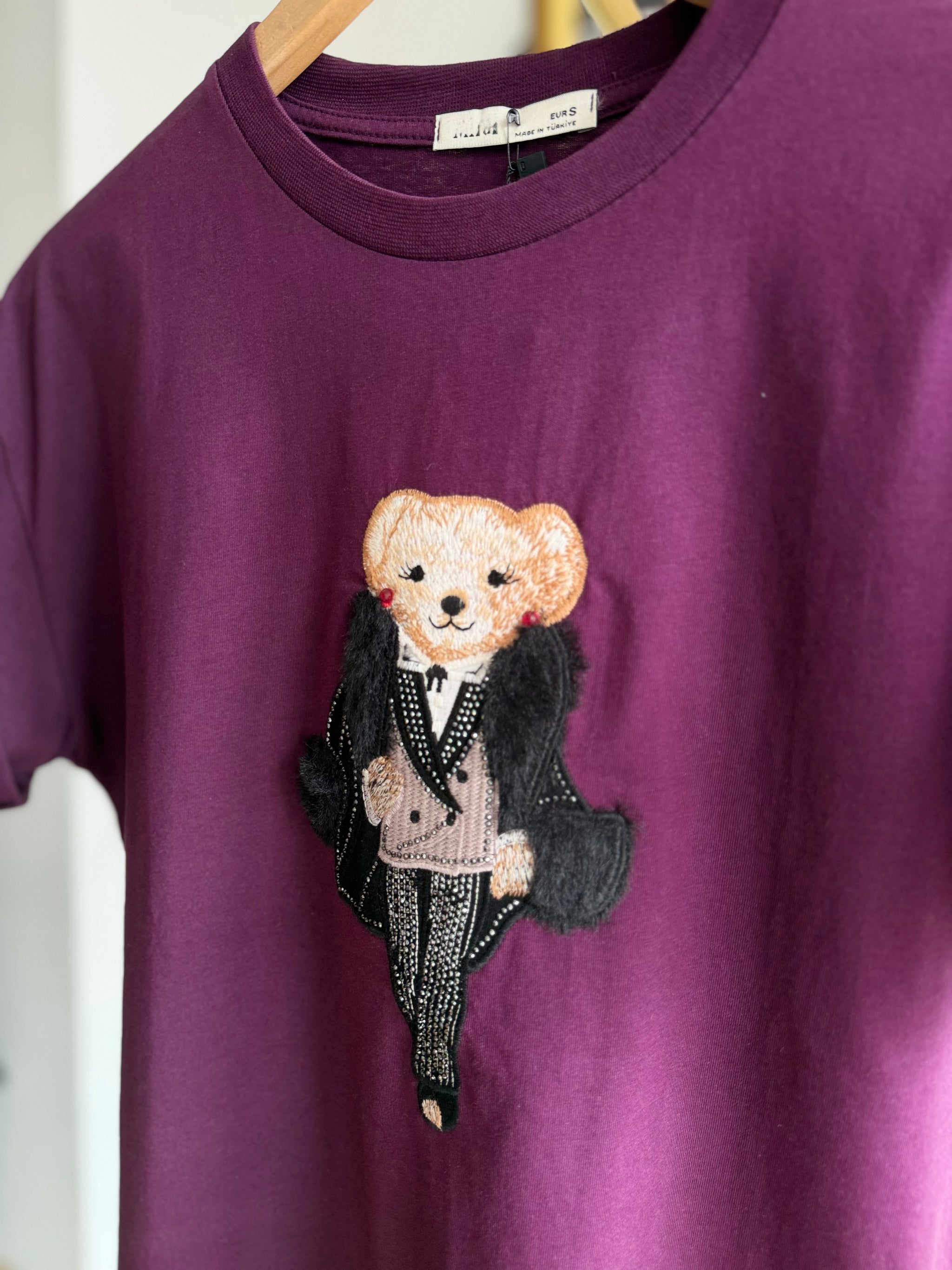 Kürklü Cool Bear Pastel Mürdüm Tshirt