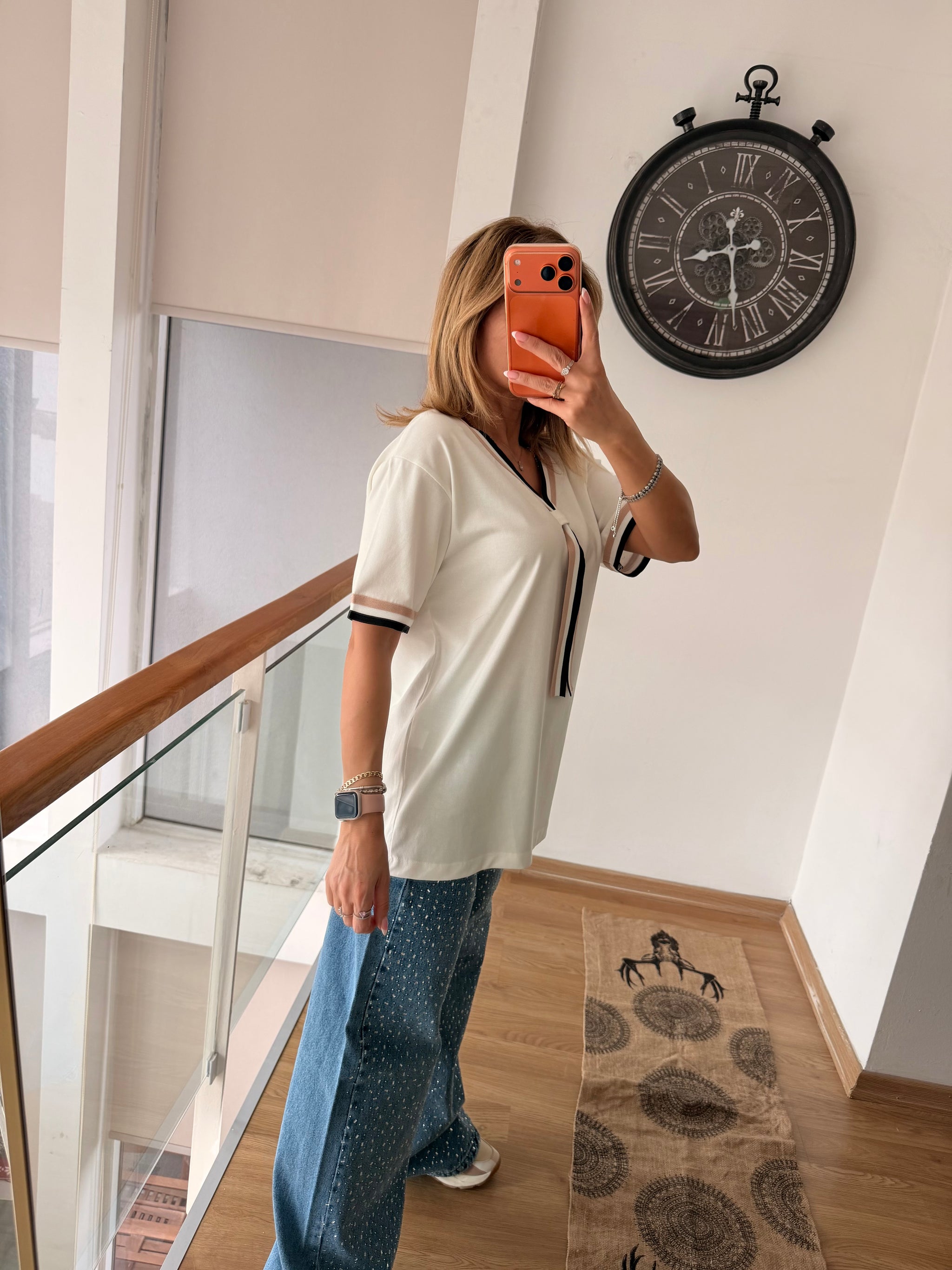 Örme Denizci Yaka Beyaz %100 Cotton Tshirt