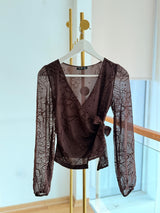 Kruvaze Yaka Bağlamalı Acı Kahve Şifon Bluz