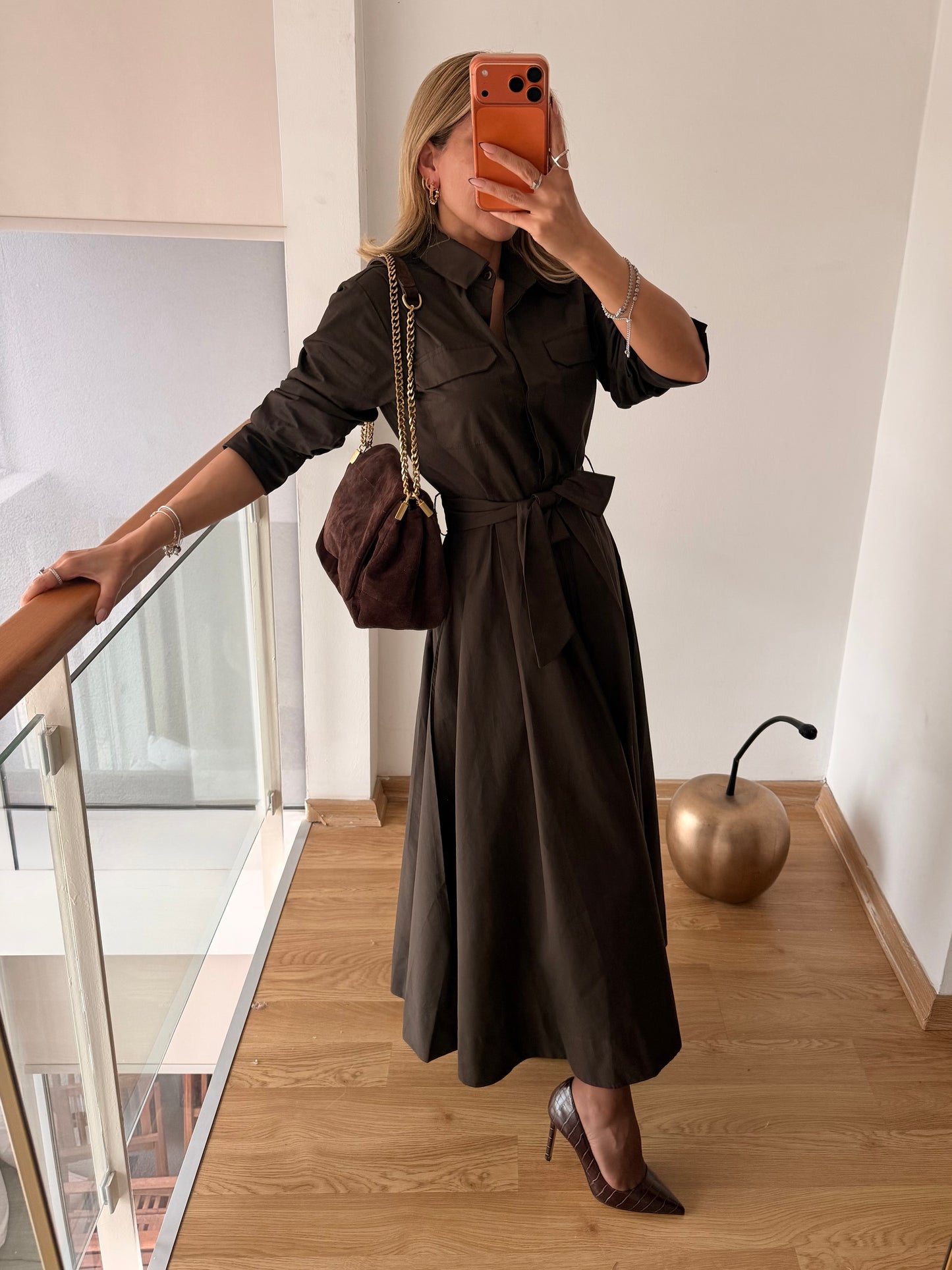 Acı Kahve Cepli Uzun Elbise