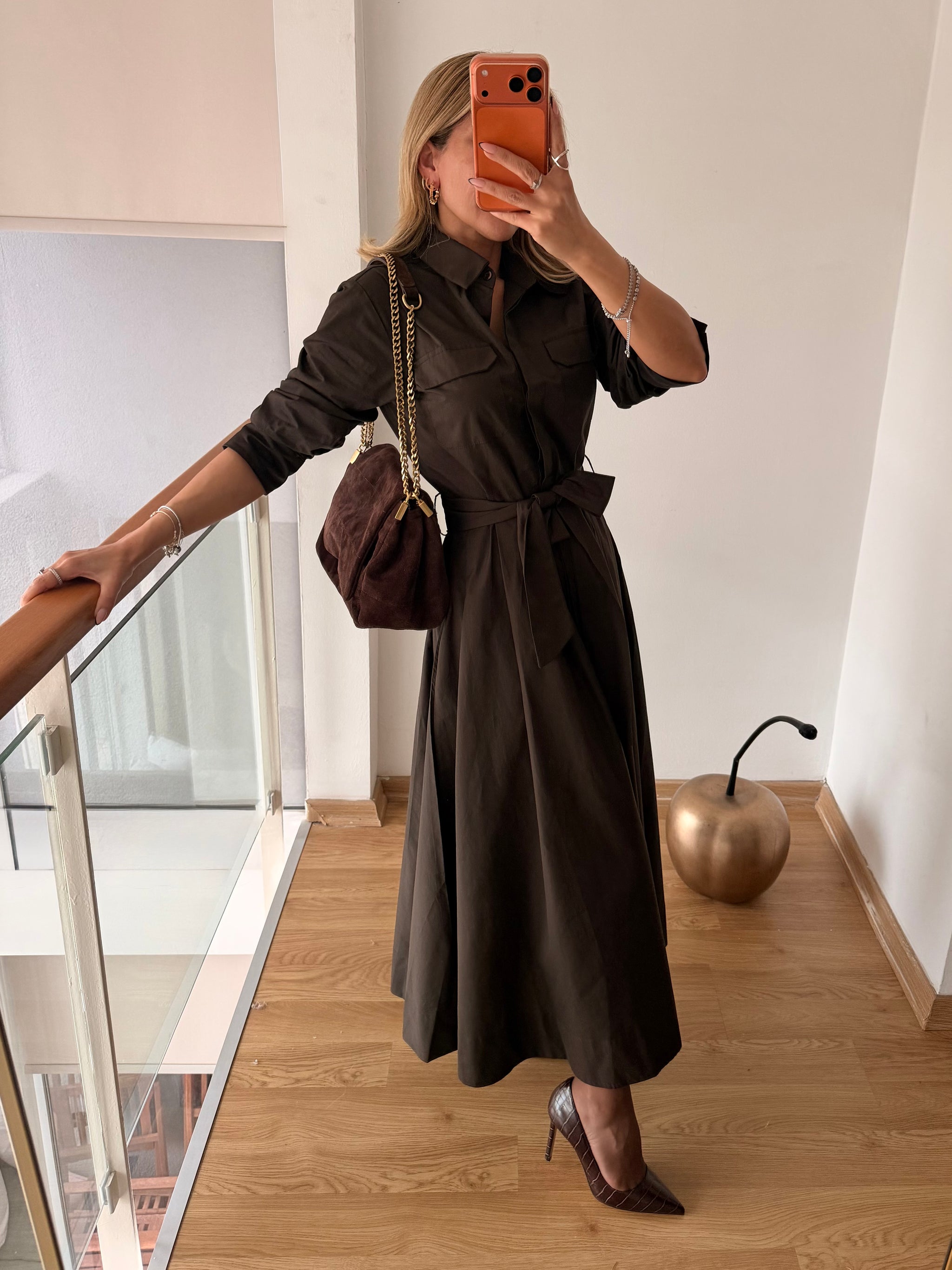 Acı Kahve Cepli Uzun Elbise