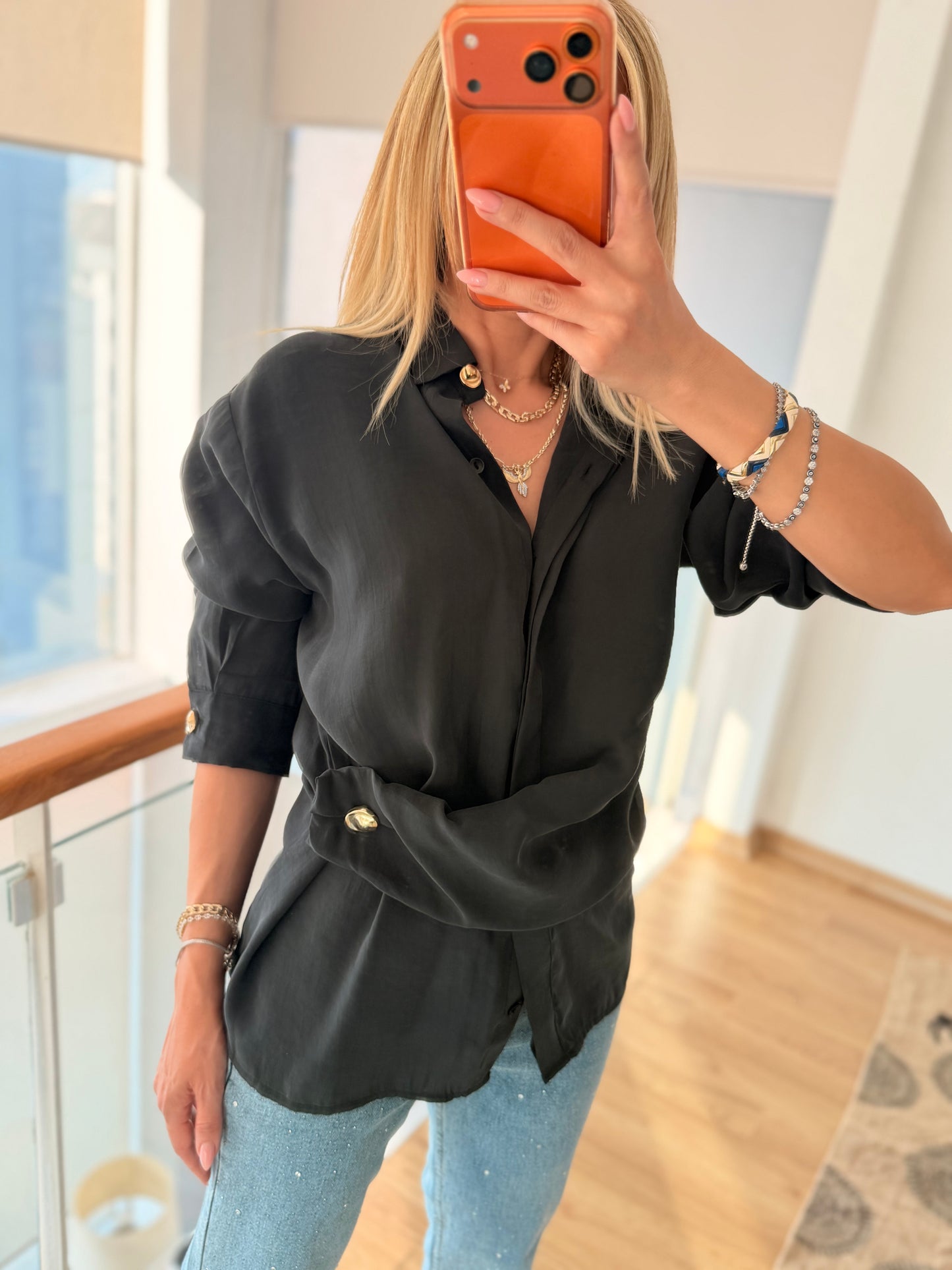 Gold Detaylı Premium Pamuklu Tencel Siyah Gömlek