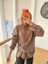 Gold Detaylı Premium Pamuklu Tencel Pastel Kahve Gömlek