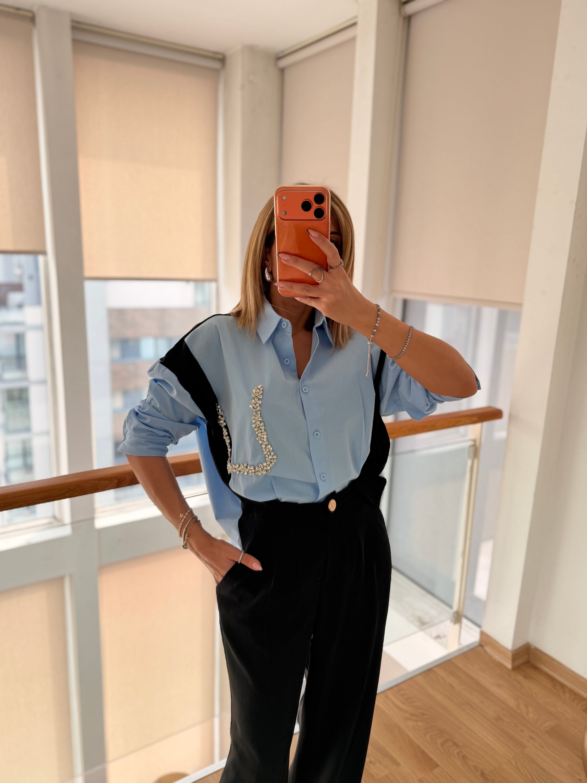 Taş Detaylı Premium Gömlek&Triko Bebe Mavi&Siyah