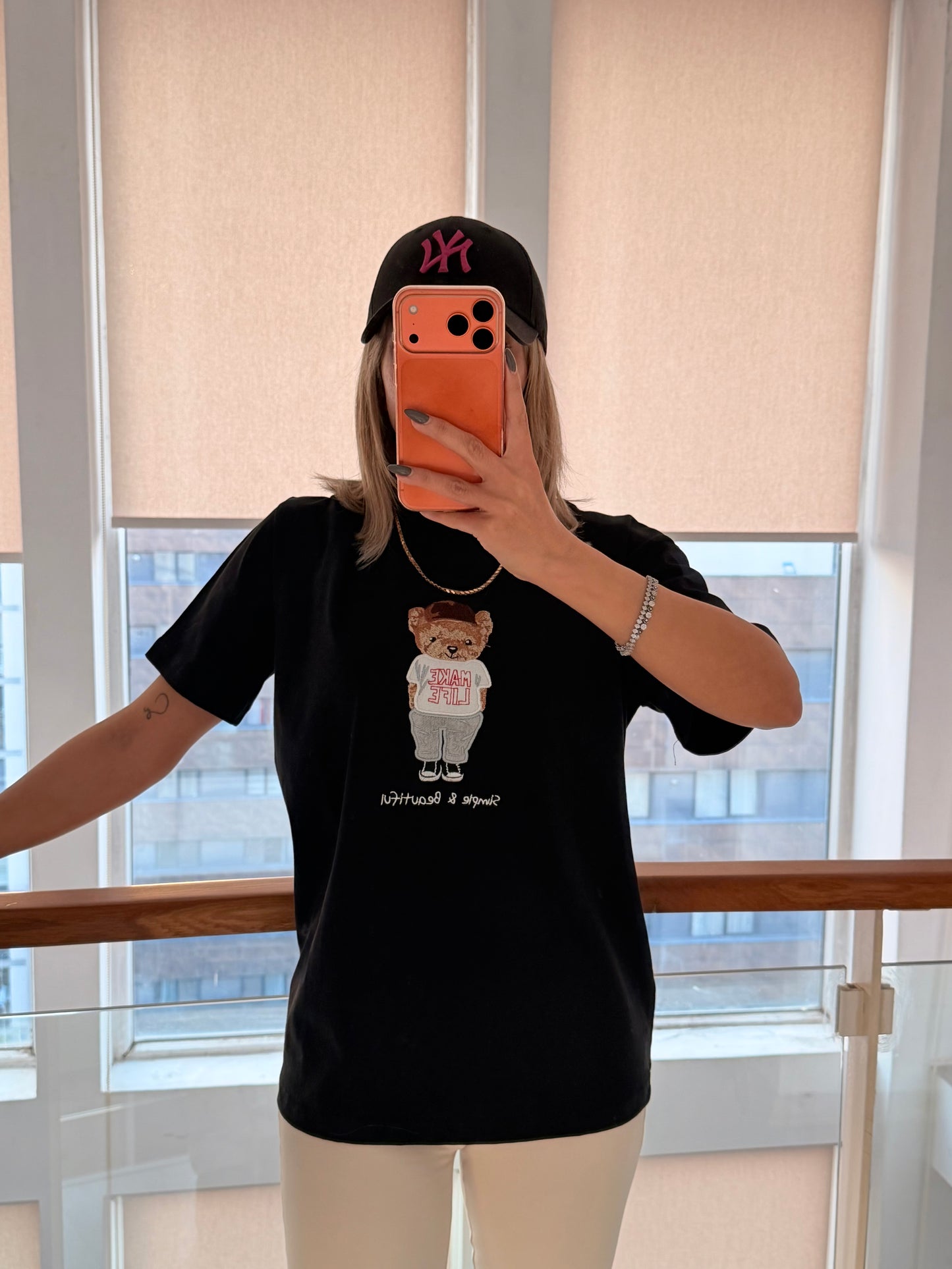 Make Life Bear İşlemeli Siyah Unisex Basic T-shirt