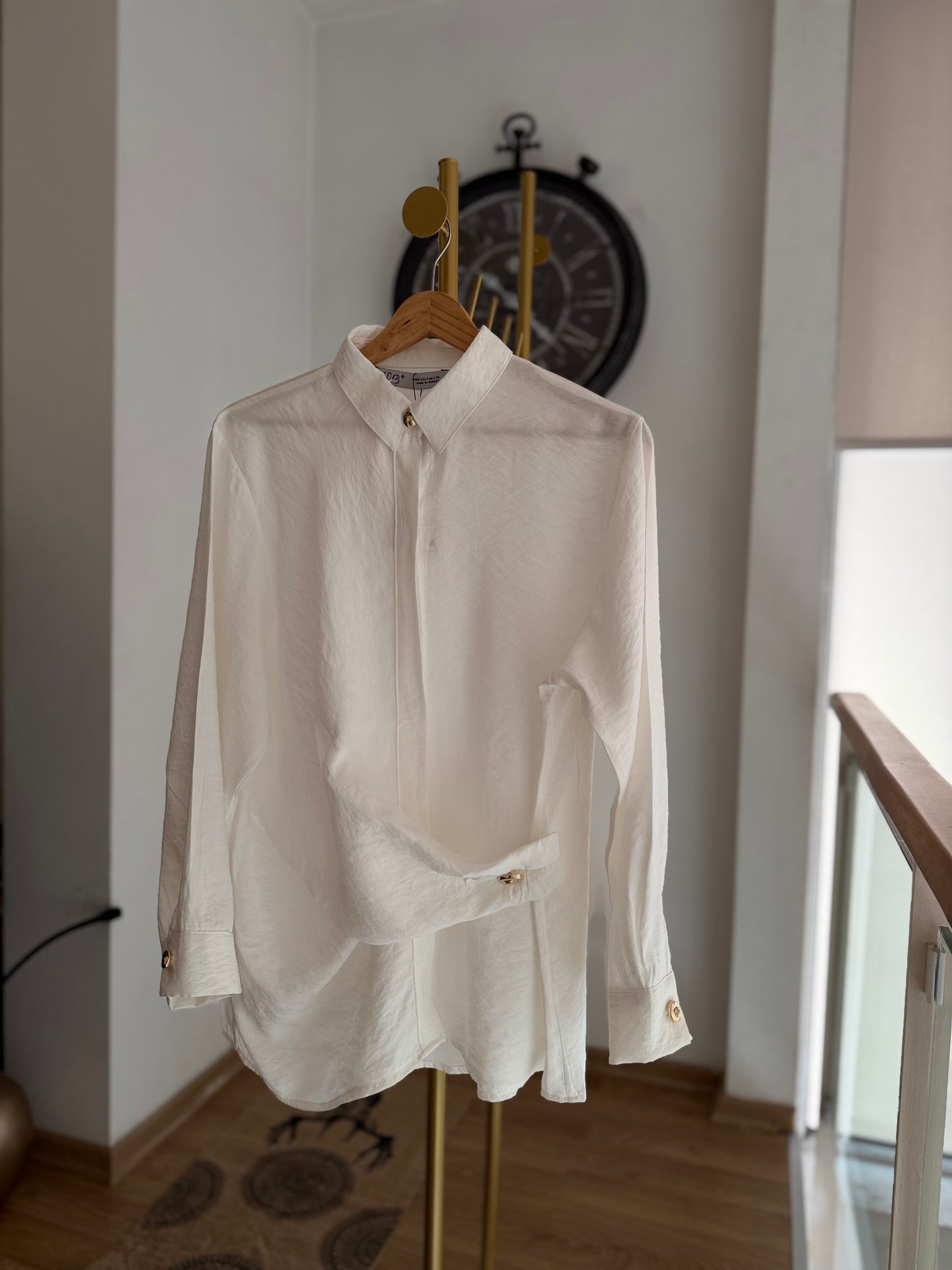 Gold Detaylı Premium Pamuklu Tencel Beyaz Gömlek