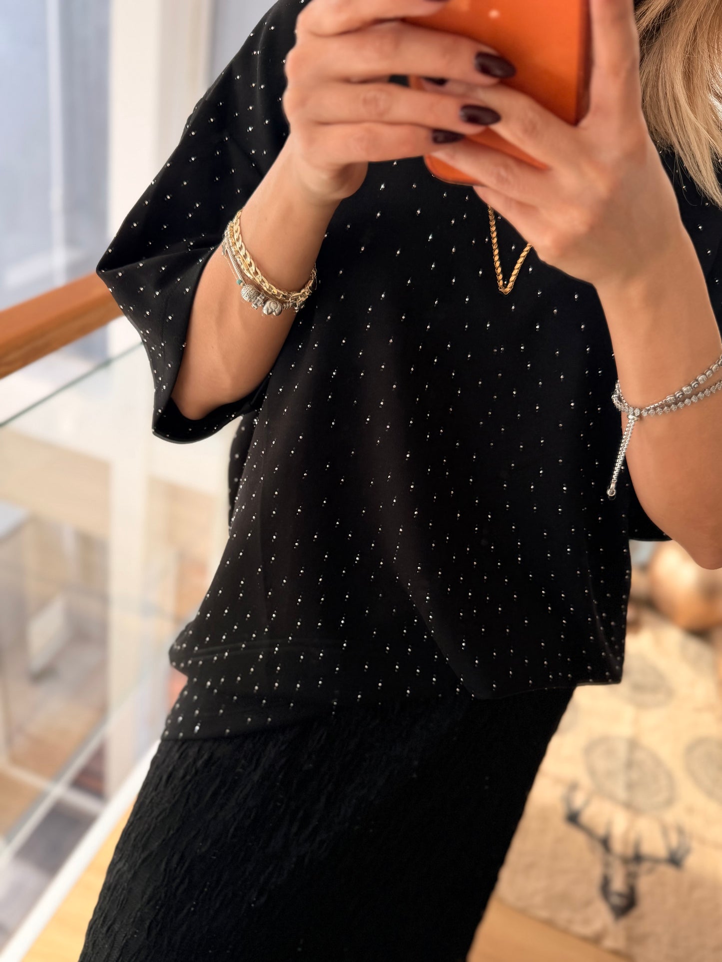 Taşlı Oversize Siyah %100 Cotton Tshirt