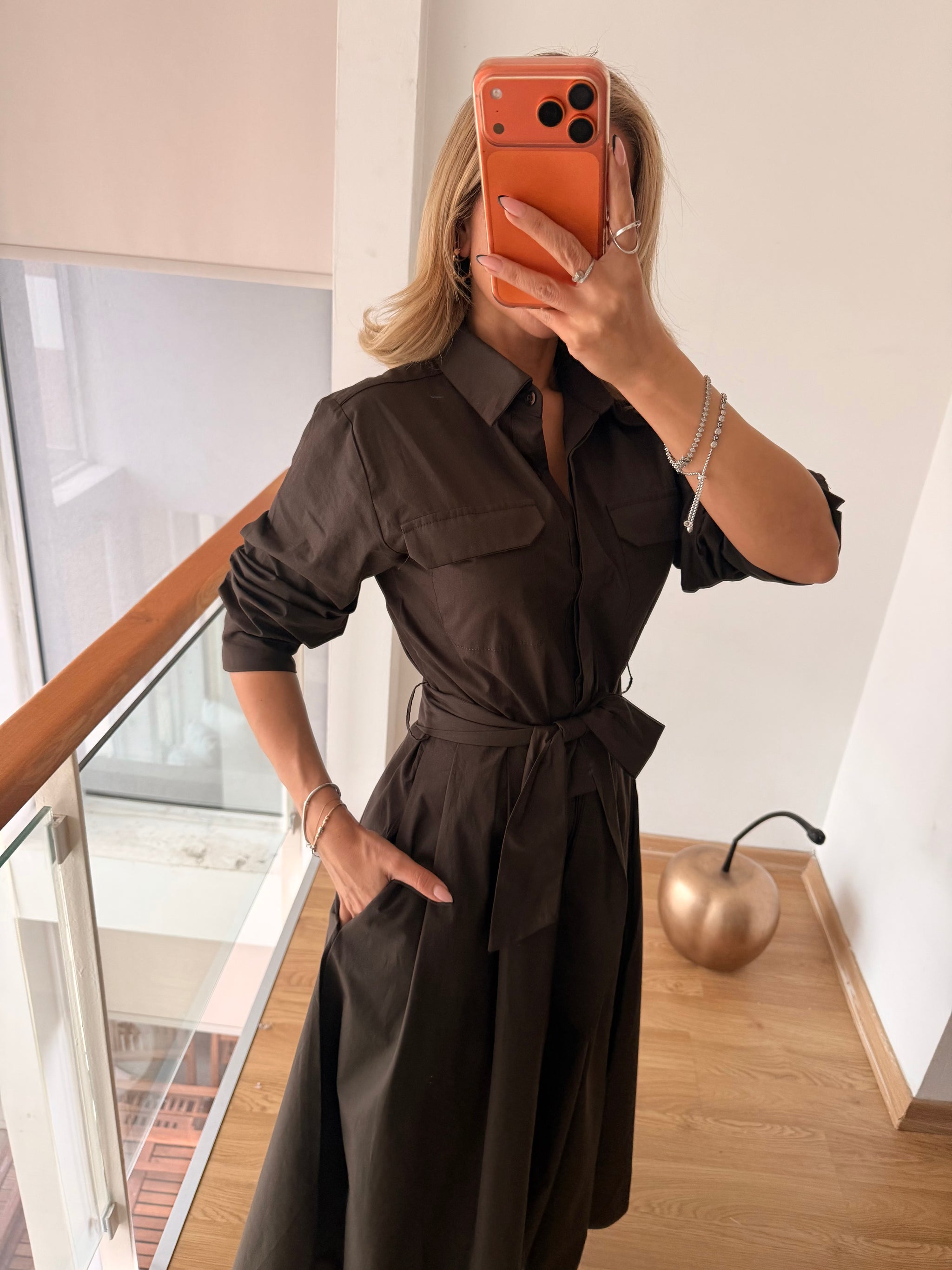 Acı Kahve Cepli Uzun Elbise