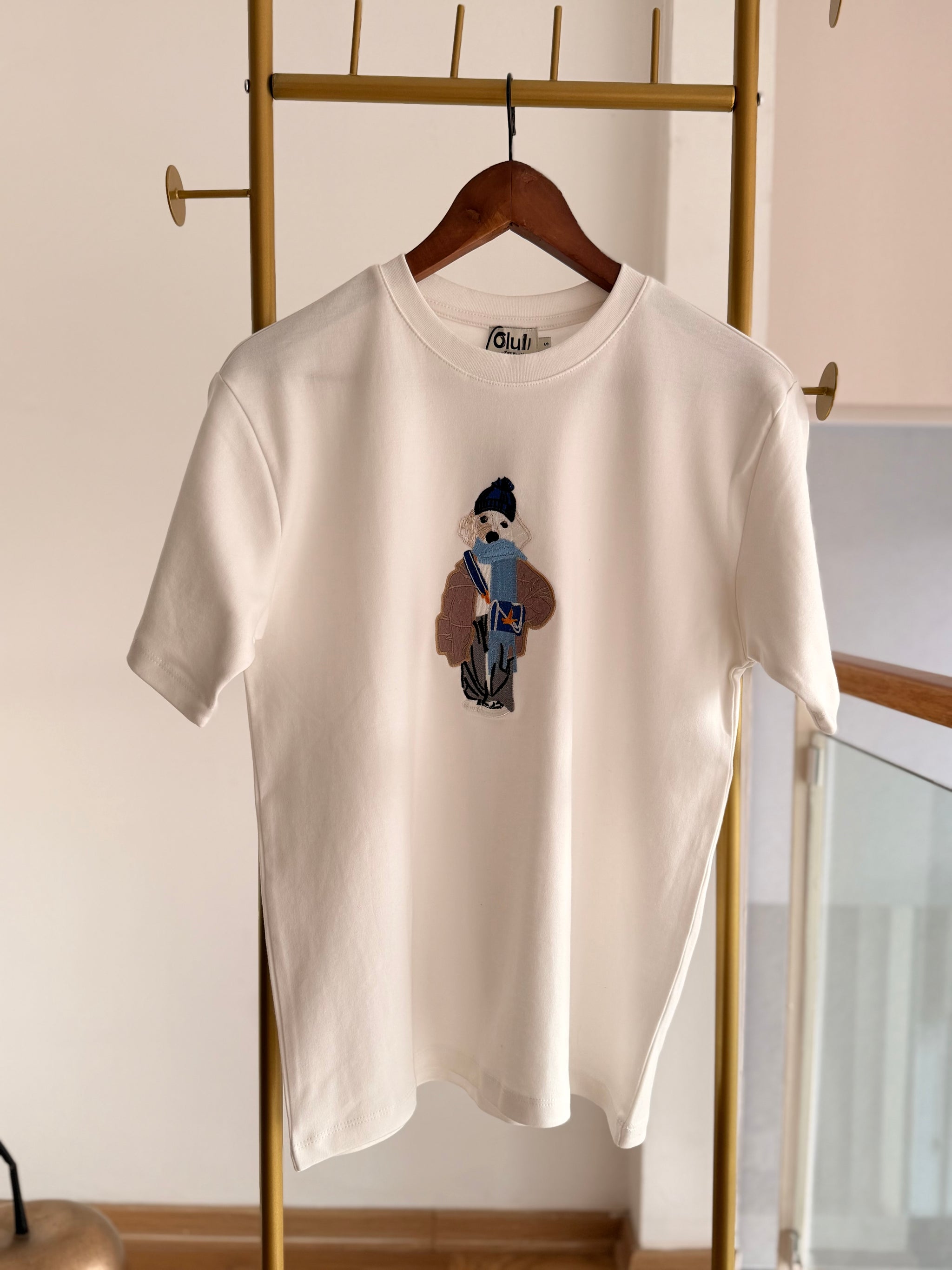 Snow Dog İşlemeli %100 Cotton Basic Tshirt Beyaz