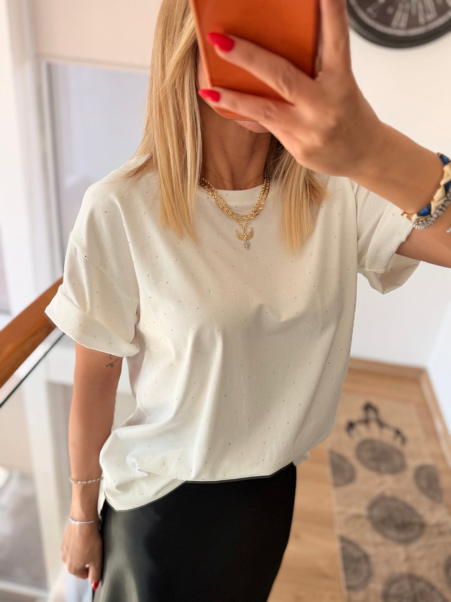 Taşlı Oversize Beyaz %100 Cotton Tshirt