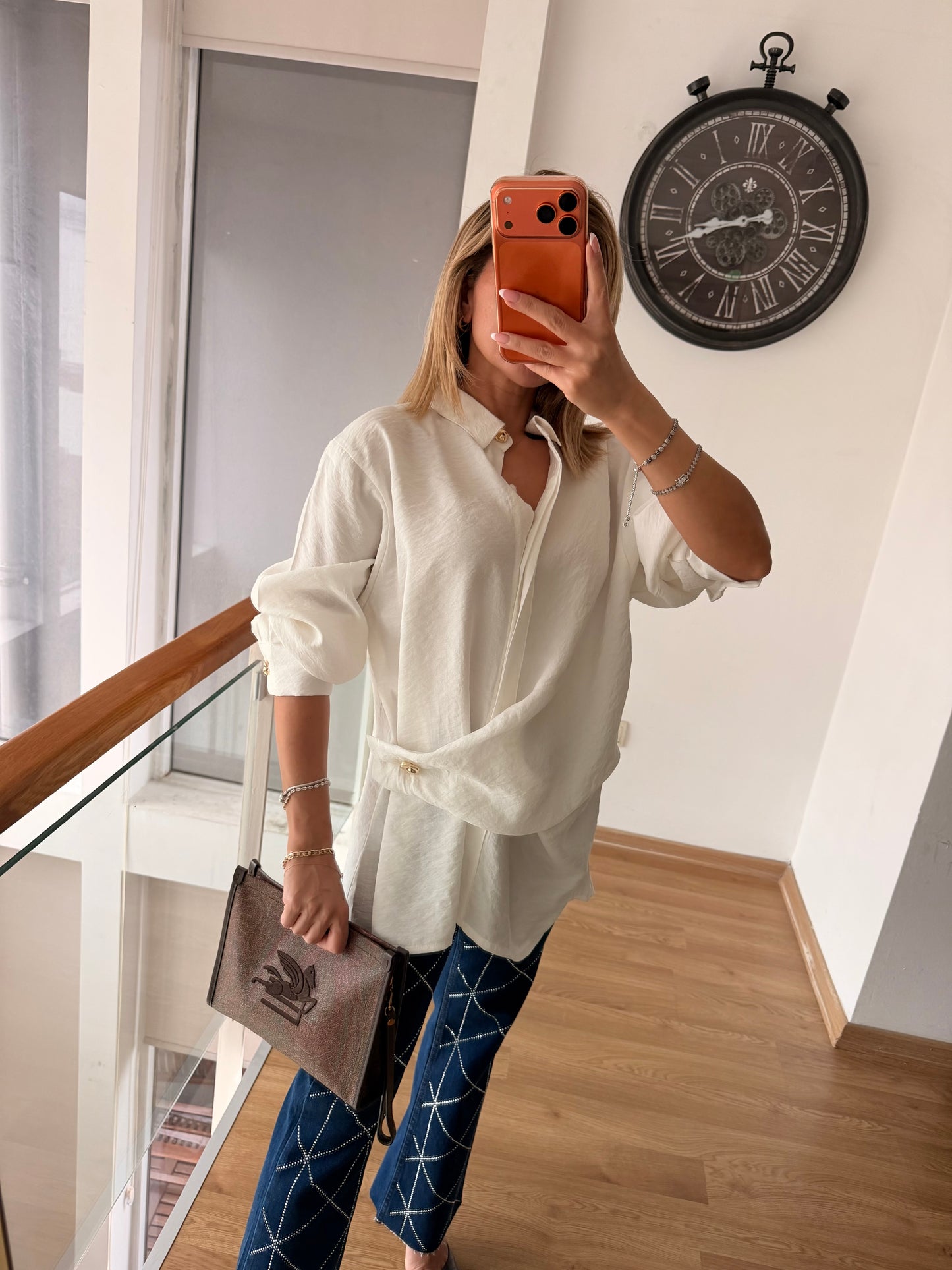 Gold Detaylı Premium Pamuklu Tencel Beyaz Gömlek