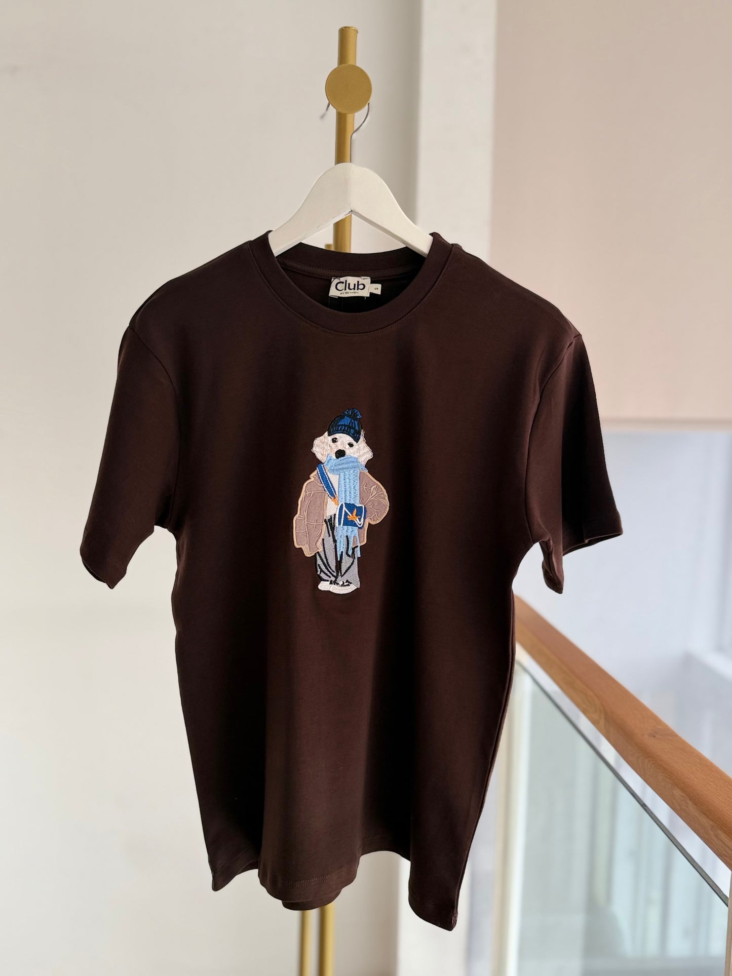 Snow Dog İşlemeli %100 Cotton Basic Tshirt Acı Kahve