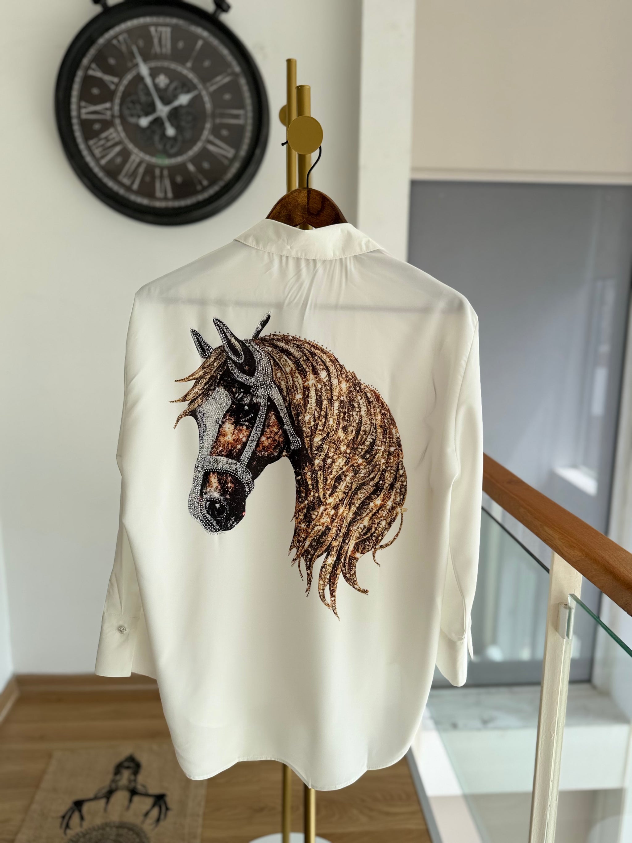 Taşlı Horse2 Tasarım İpek Saten Gömlek