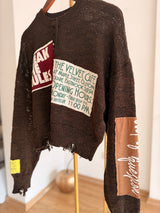 Slogan Jakarlı Patch'li Acı Kahve Tasarım Triko