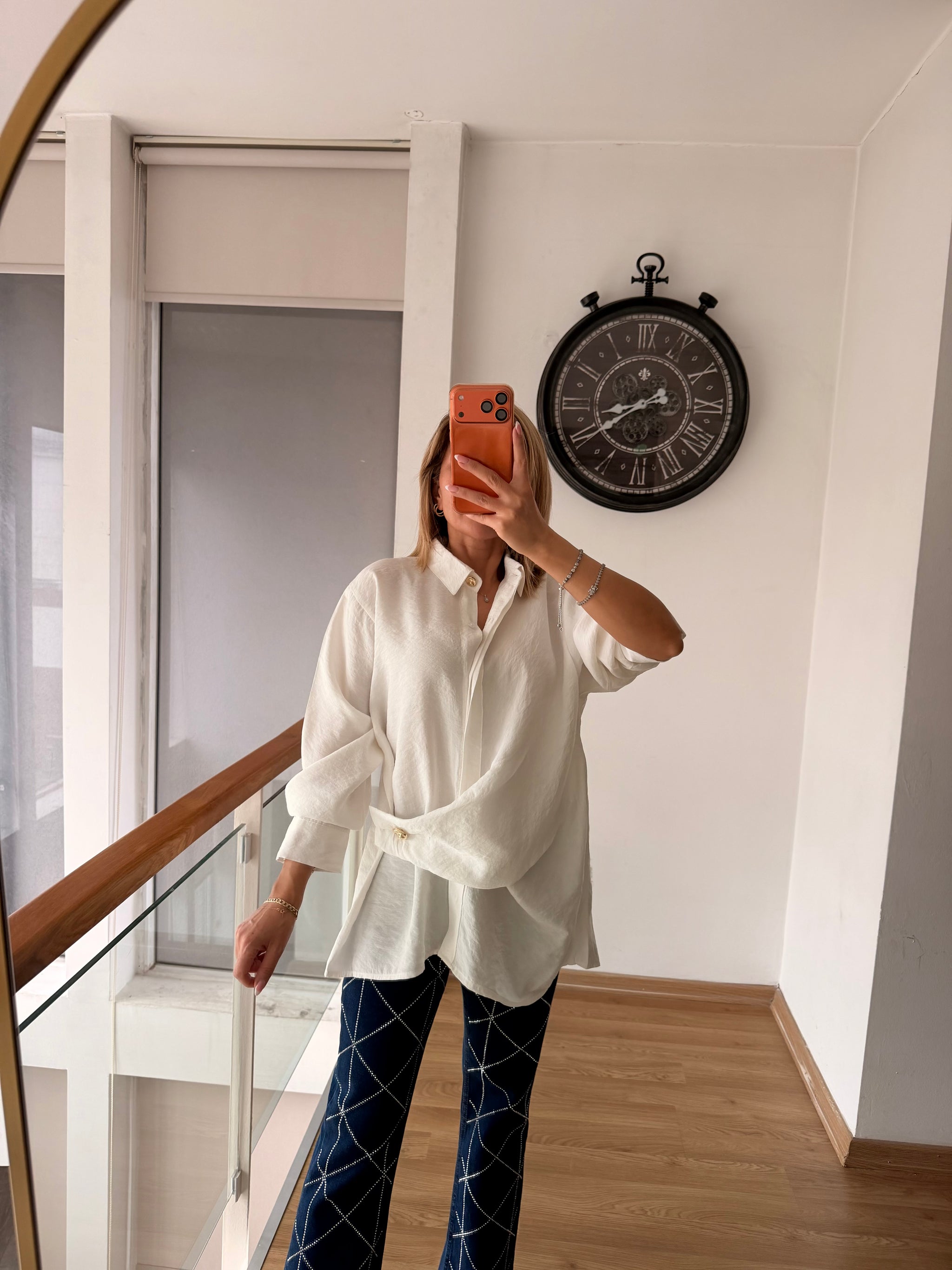 Gold Detaylı Premium Pamuklu Tencel Beyaz Gömlek