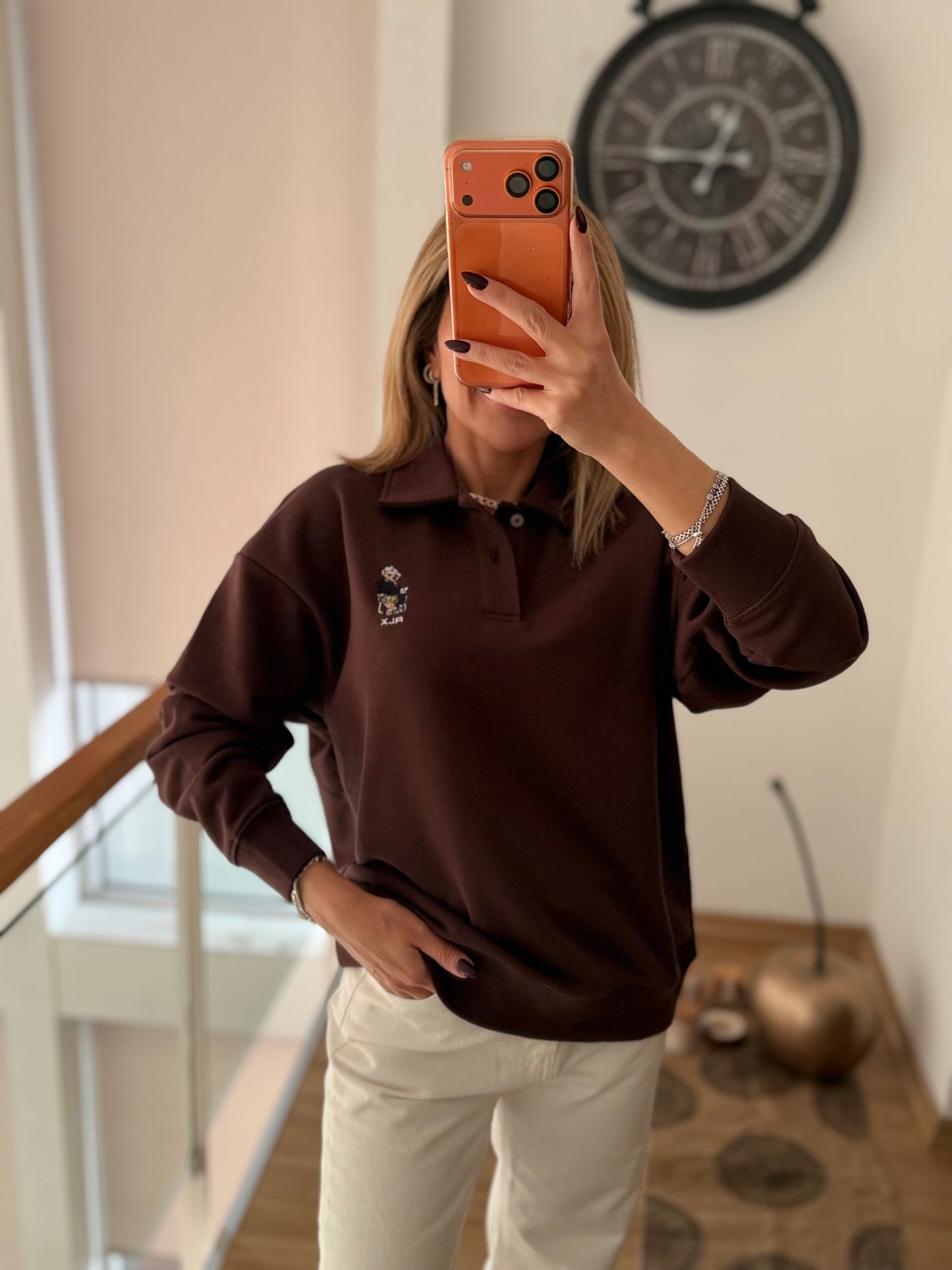 Acı Kahve Polo Yaka Teddy Bear Sweatshirt